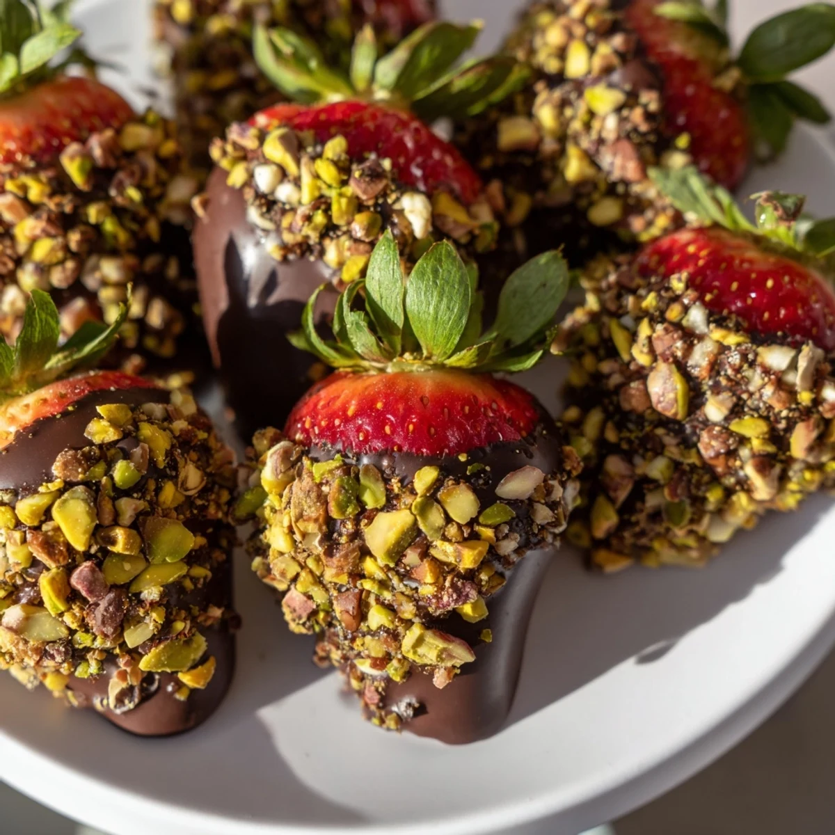Glossy chocolate covered strawberries with chopped nuts garnish, an easy homemade treat for romantic evenings or parties.