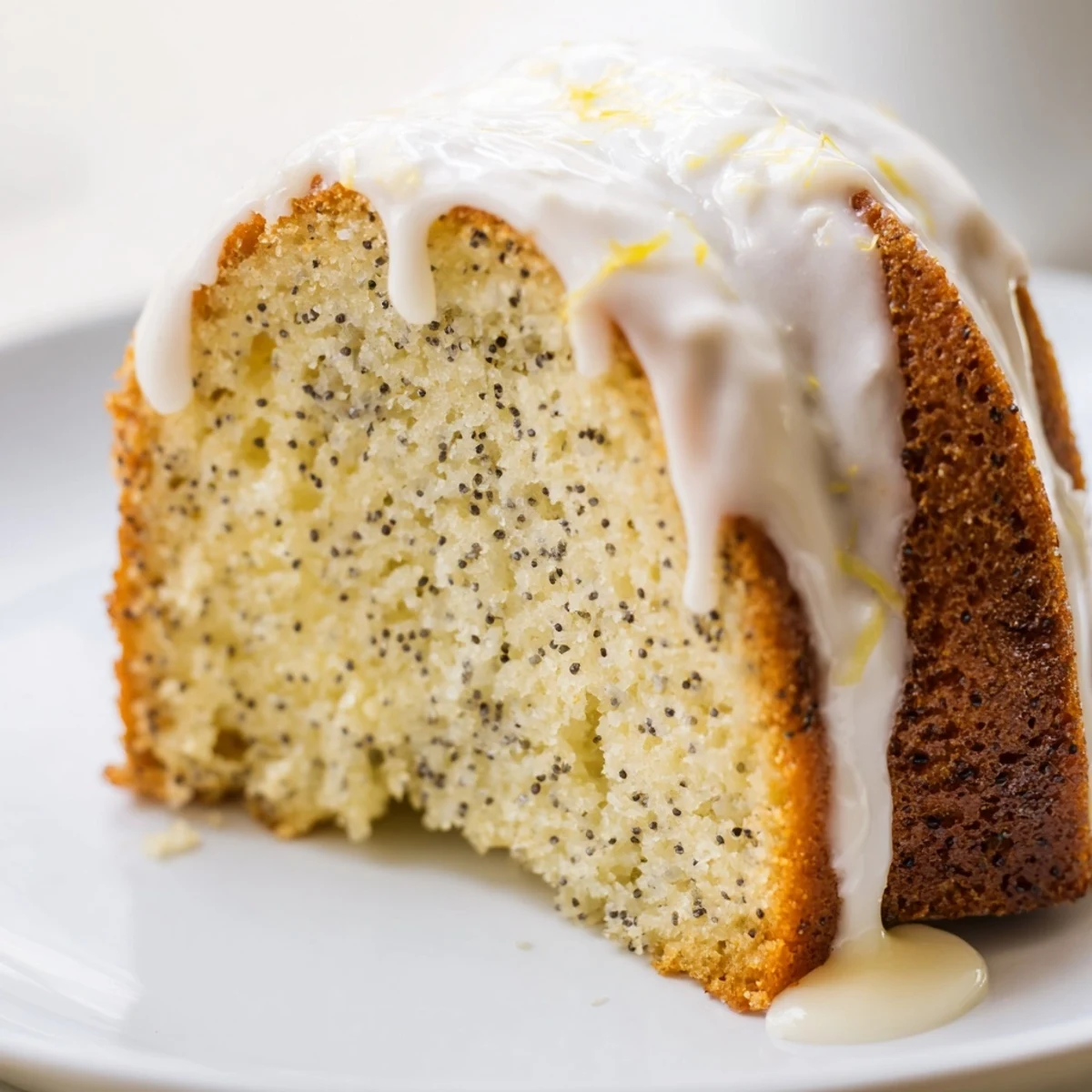 An overhead shot of a Lemon Poppy Seed Bundt Cake with Icing, garnished with lemon slices and fresh berries for serving.