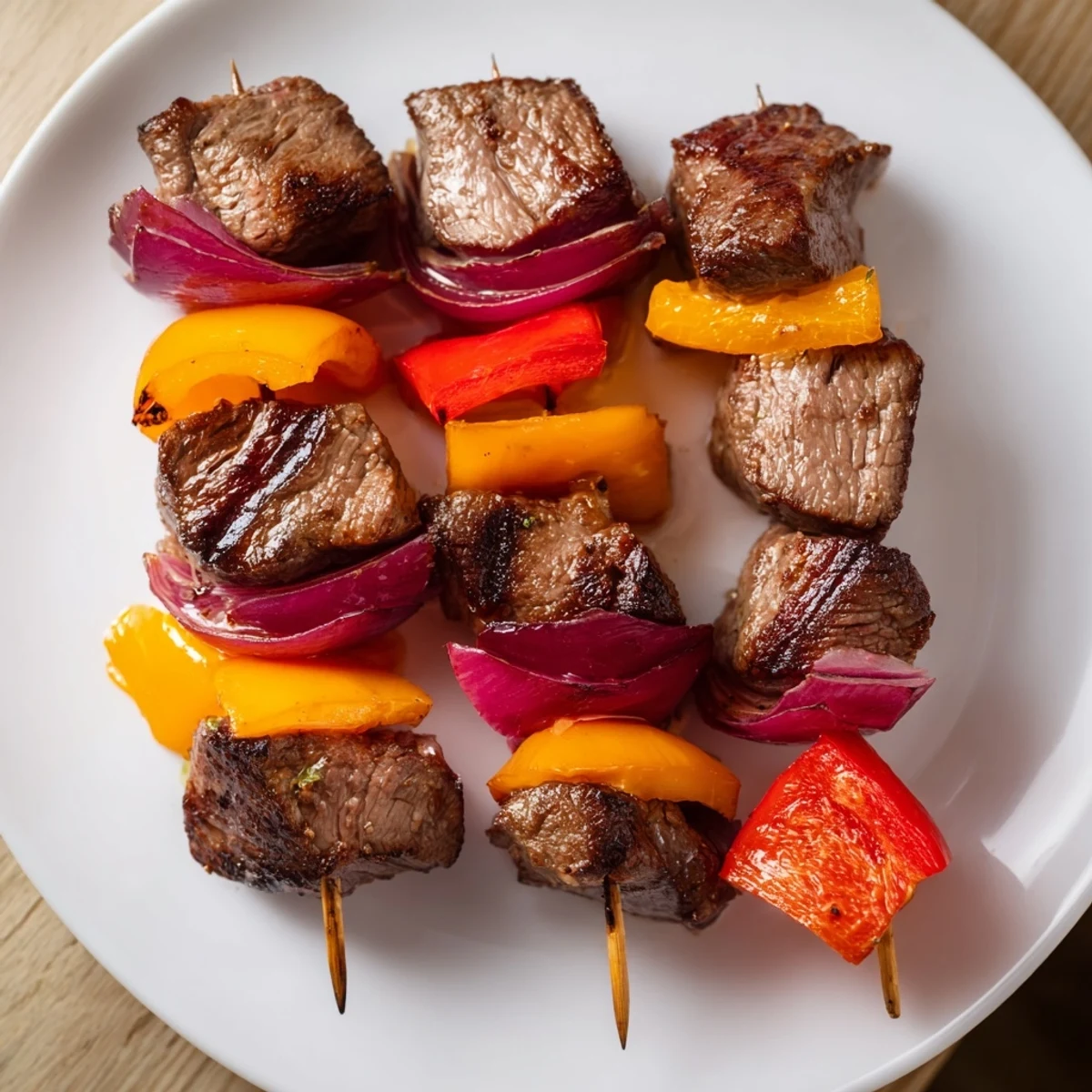 Grilled Beef Kebabs with Bell Peppers and Red Onion sizzling on a plate with charred edges and fresh herbs.  