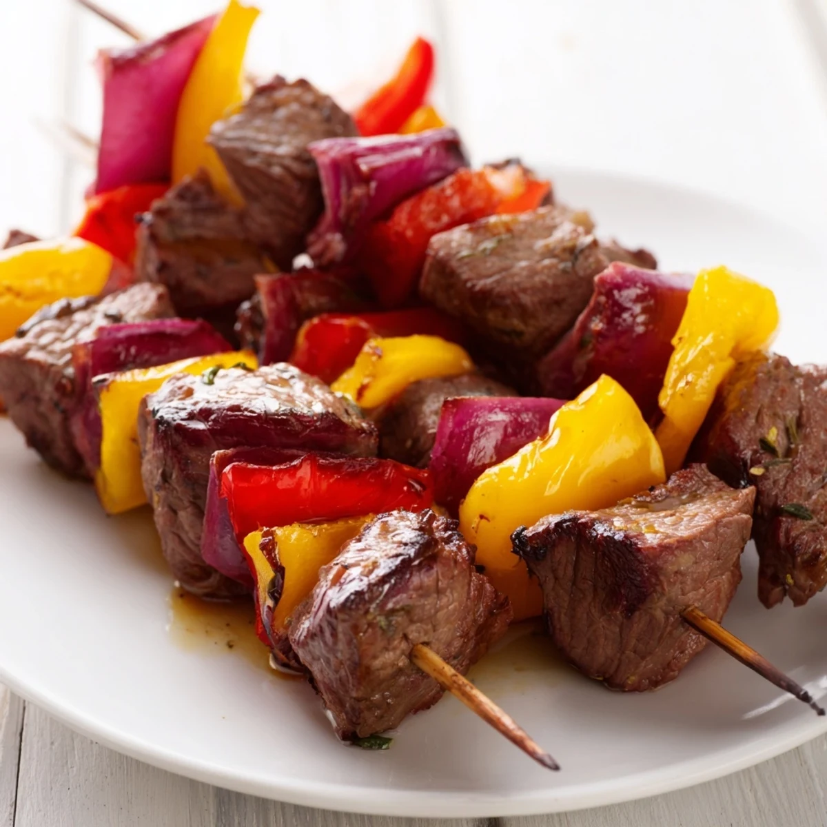 A close-up of Beef Kebabs with Bell Peppers and Red Onion served alongside fluffy rice and a lemon wedge.  