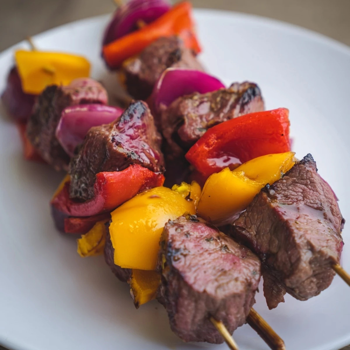 Juicy Beef Kebabs with Bell Peppers and Red Onion arranged on a wooden board with a summer barbecue backdrop.