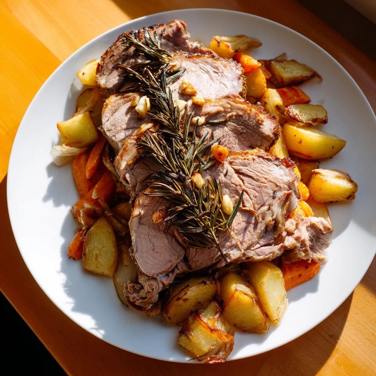 A close-up of Roasted Lamb Leg with Rosemary and Garlic, sliced to show juicy pink meat and fragrant herbs.