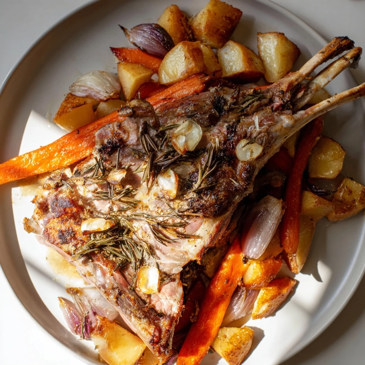 Roasted Lamb Leg with Rosemary and Garlic served with golden potatoes and carrots on a rustic platter.