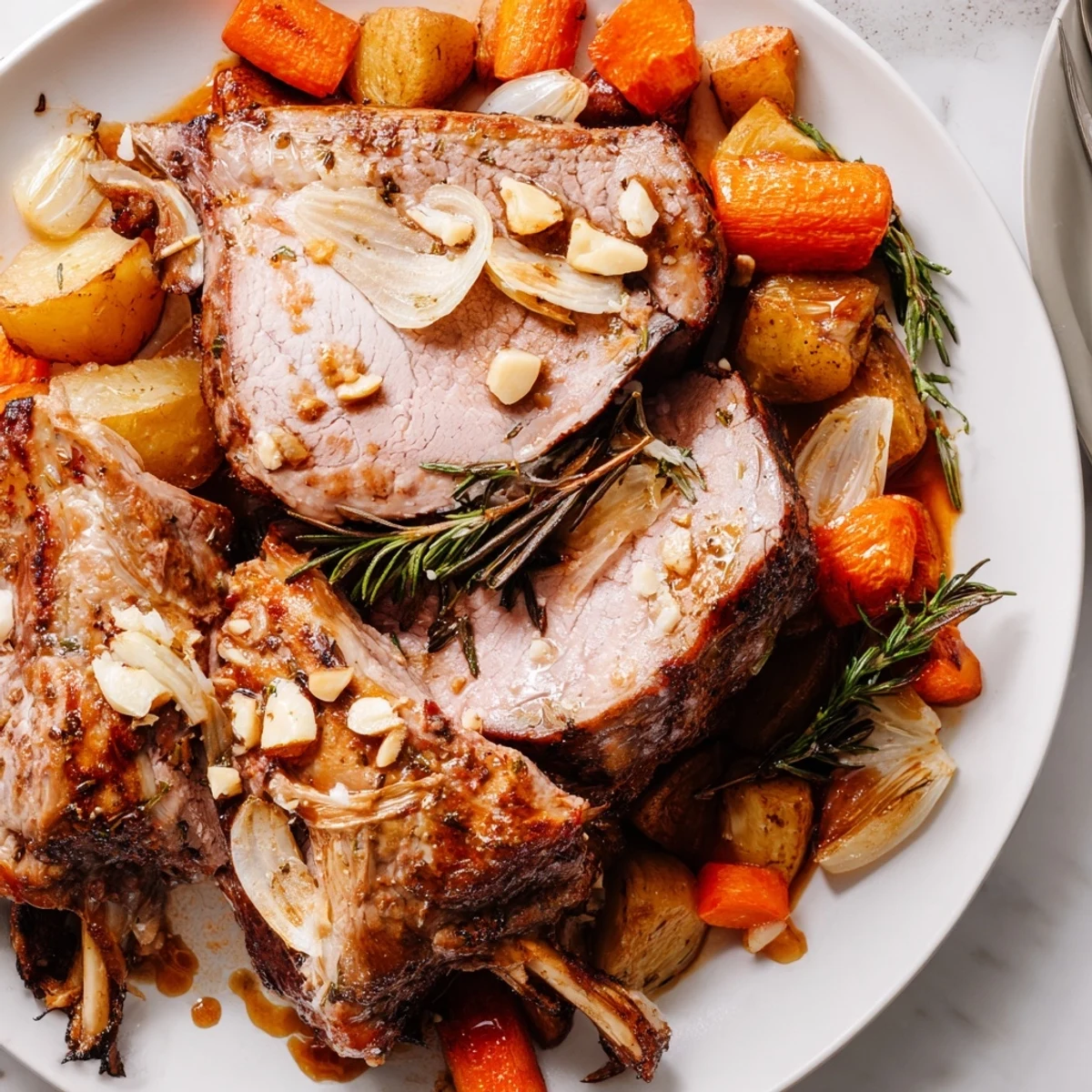 The golden brown Roasted Lamb Leg with Rosemary and Garlic rests beside a glass of red wine for dinner.