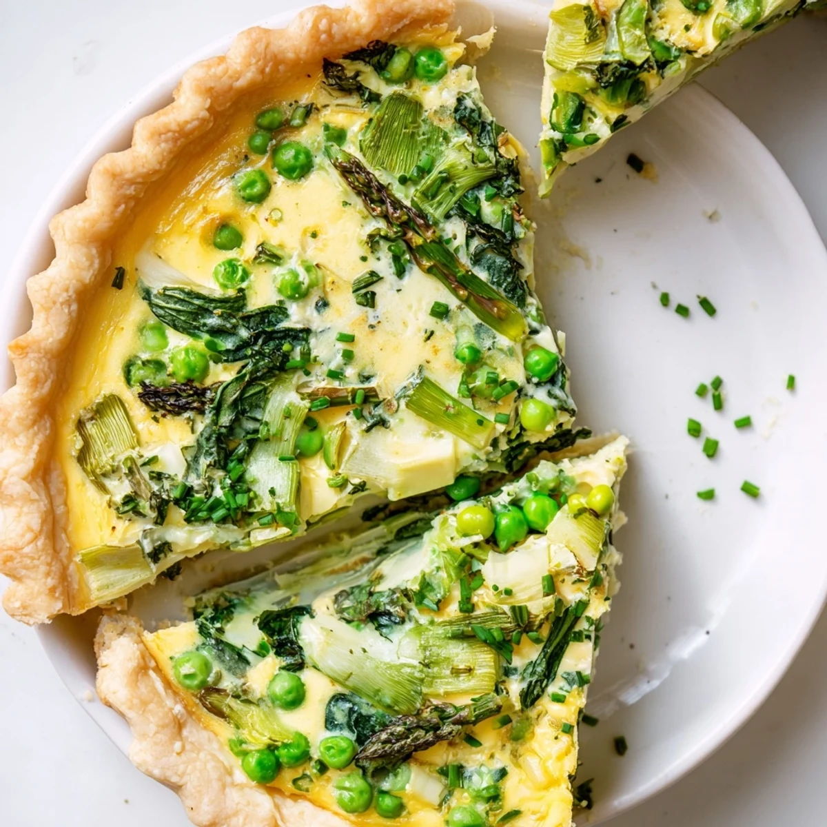 Golden-brown Spring Vegetable Quiche with Crust shows flaky pastry and vibrant asparagus, spinach, and peas.