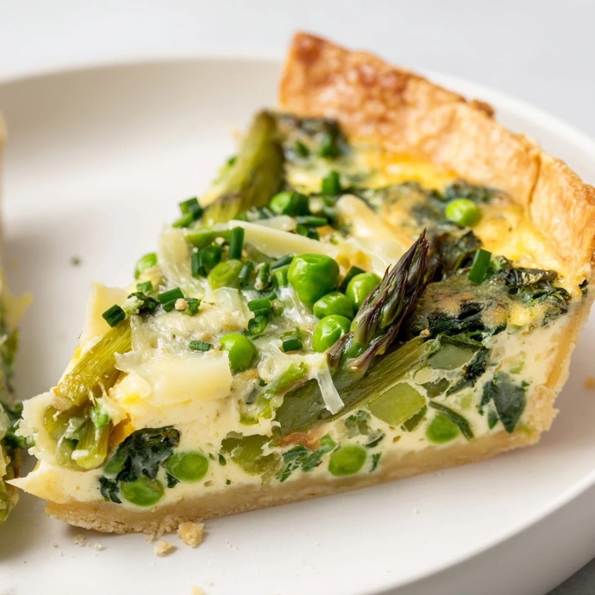 Spring Vegetable Quiche with Crust highlights creamy custard and melted Gruyère on a rustic wooden table.
