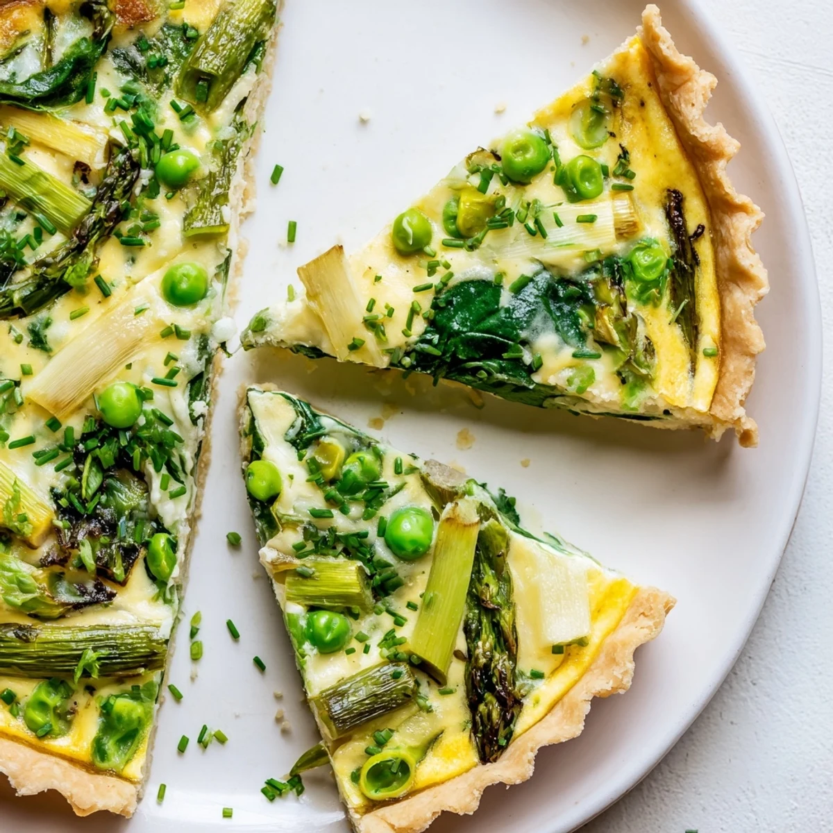Slice of Spring Vegetable Quiche with Crust served warm with fresh chives and a side salad.