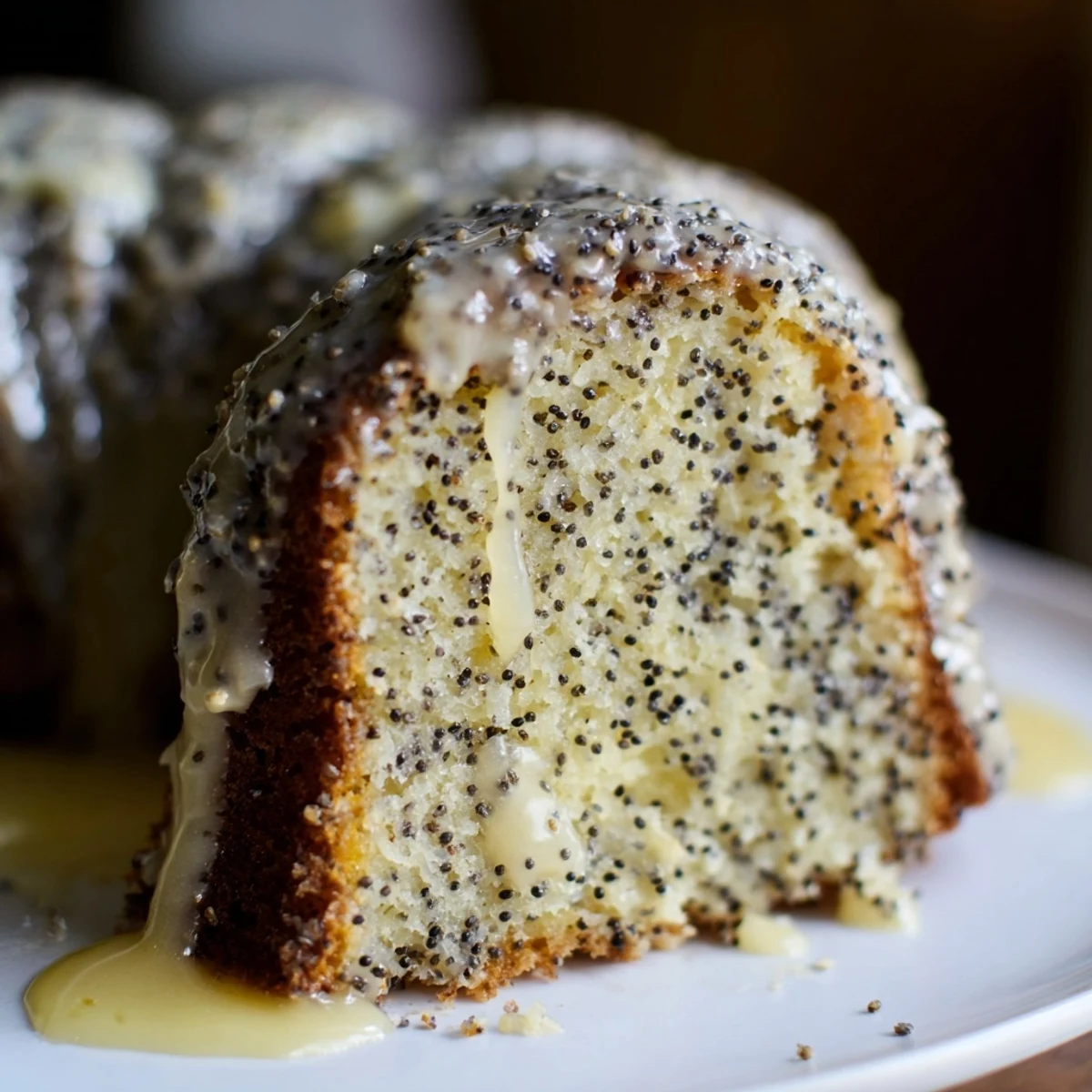 Freshly glazed Lemon Poppy Seed Bundt cake sits on a marble board with lemon slices and a glass of milk. 