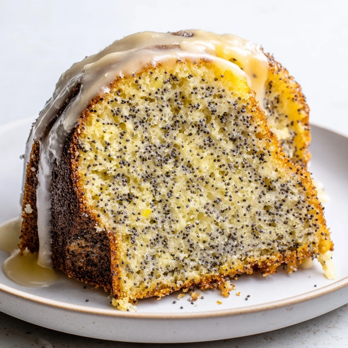 Moist Lemon Poppy Seed Bundt cake with crunchy poppy seeds and tangy glaze ready to slice for brunch. 
