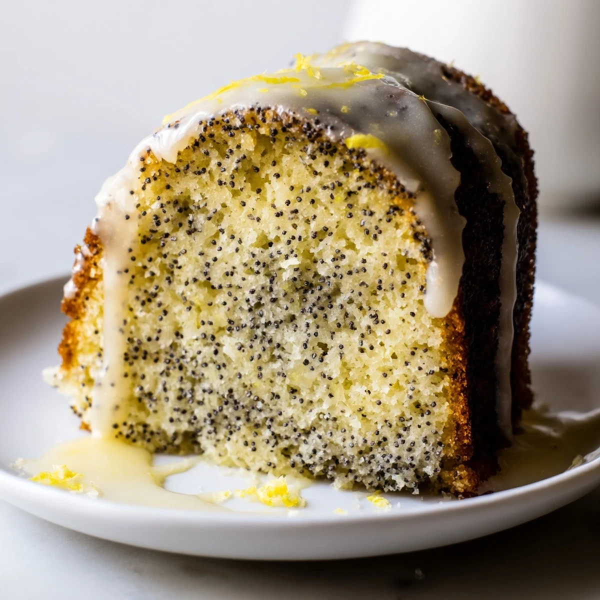Lemon Poppy Seed Bundt cake drizzled with icing, served on a white plate beside fresh lemon wedges.