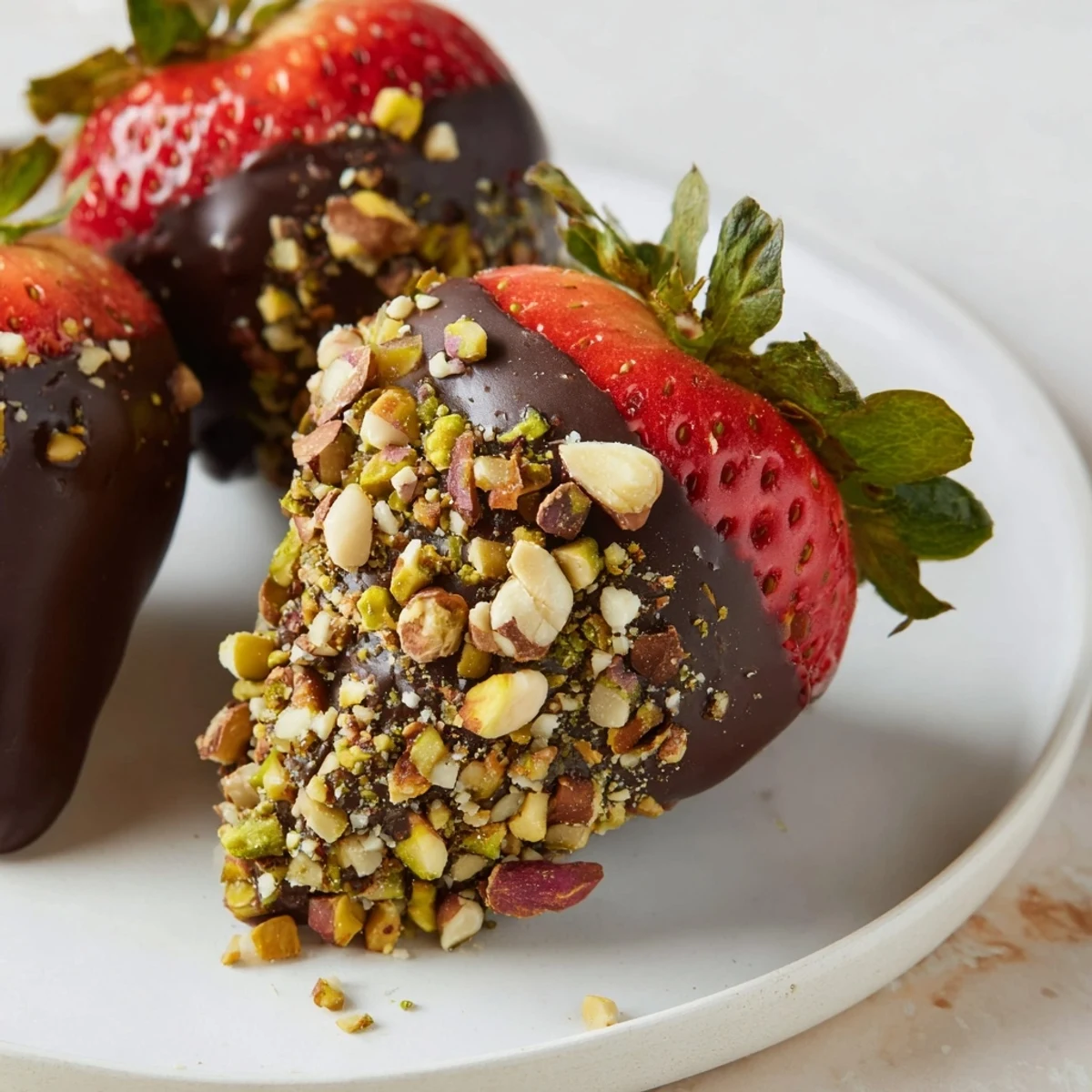 Juicy strawberries dipped in rich dark chocolate and coated with crunchy mixed nuts on a platter. Chocolate Dipped Strawberries with Nuts for a sweet snack.