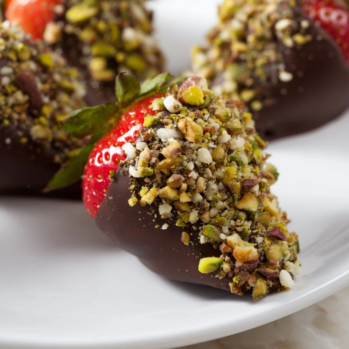 Serving Chocolate Dipped Strawberries with Nuts on a party dessert tray, garnished with extra nuts and mint for a festive look.