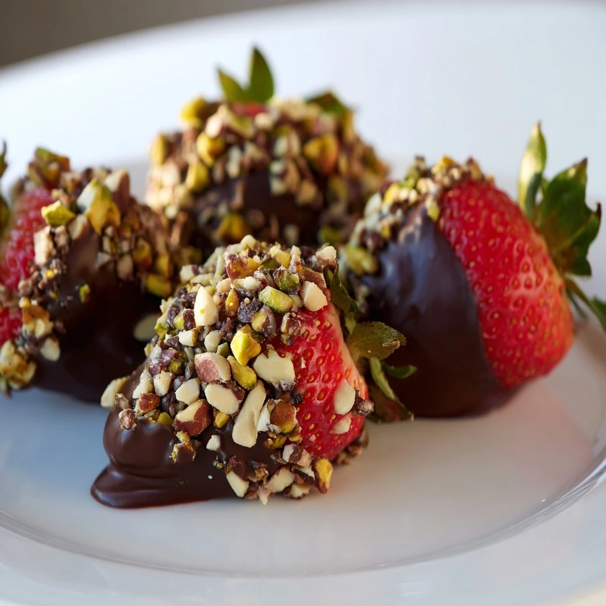Close-up of Chocolate Dipped Strawberries with Nuts showing glossy chocolate coating and chopped nuts clinging to fresh, ripe berries.