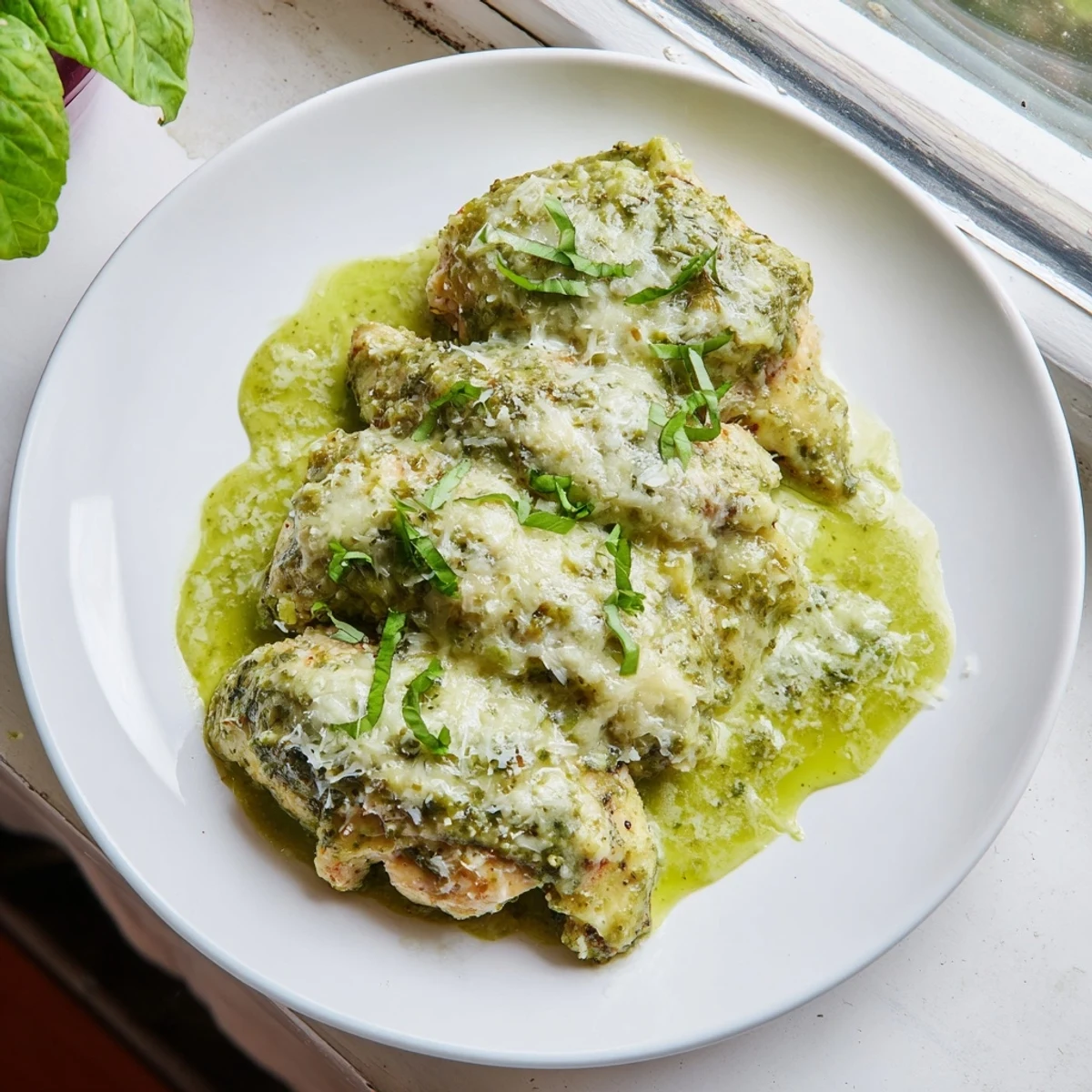 Golden brown Pesto Ranch Crock Pot Chicken Thighs served over creamy mashed potatoes.