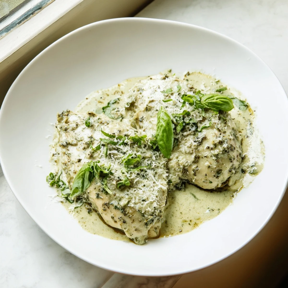 A spoon shows the tender Pesto Ranch Crock Pot Chicken Thighs in rich sauce.