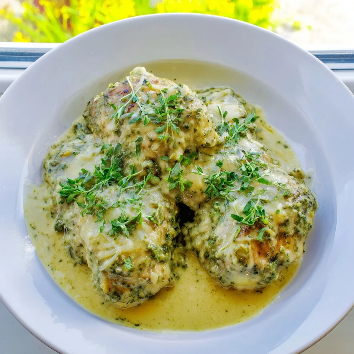 Family-style dinner featuring Pesto Ranch Crock Pot Chicken Thighs with fresh basil garnish.