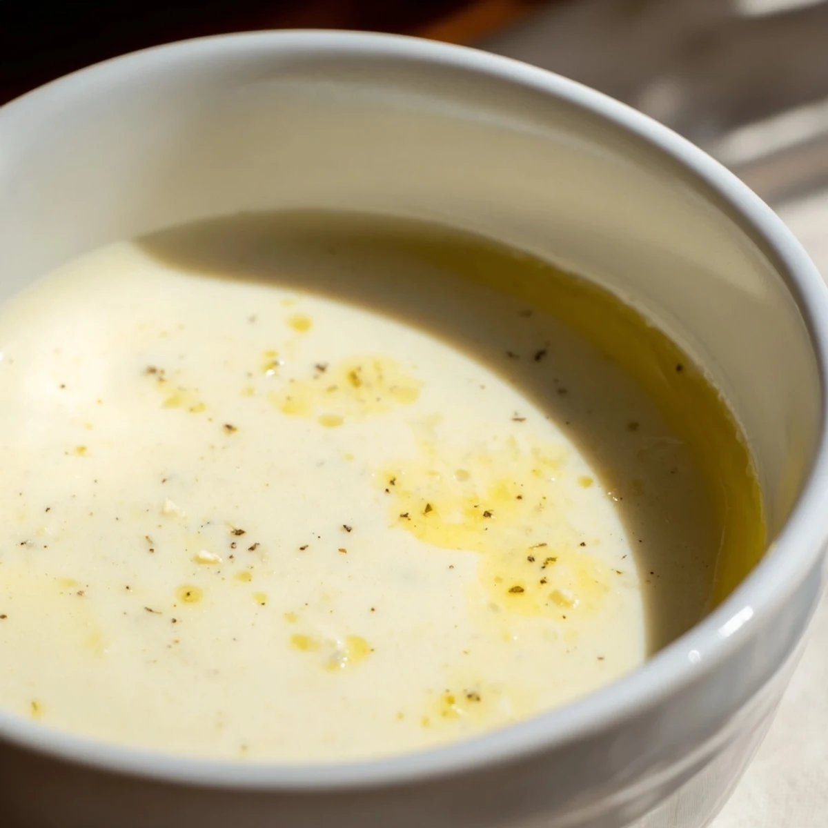 Freshly made Lemon Dijon Dressing drizzled over a crisp green salad with vibrant cherry tomatoes.