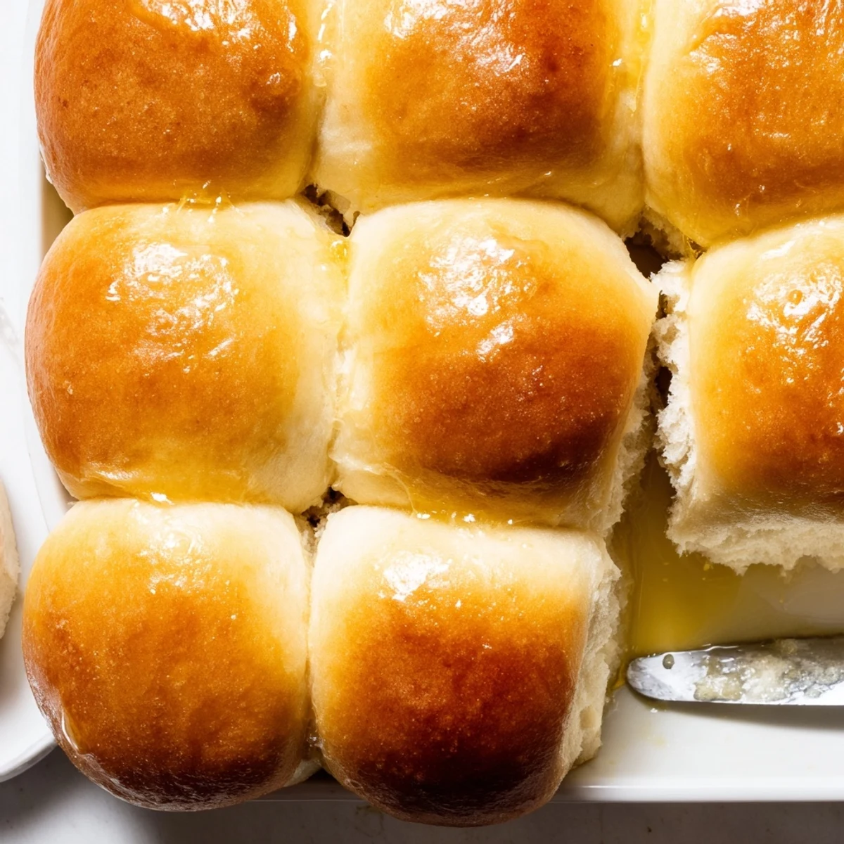 Freshly baked Best Vegan Dinner Rolls arranged in a greased 9x13-inch baking dish, brushed with melted vegan butter and showing golden, tender crusts.