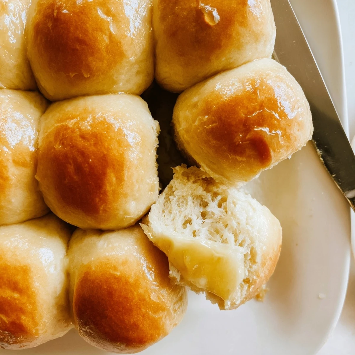 A close-up of a soft, fluffy Best Vegan Dinner Roll broken open, revealing a pillowy crumb perfect for serving with vegan butter or soup.