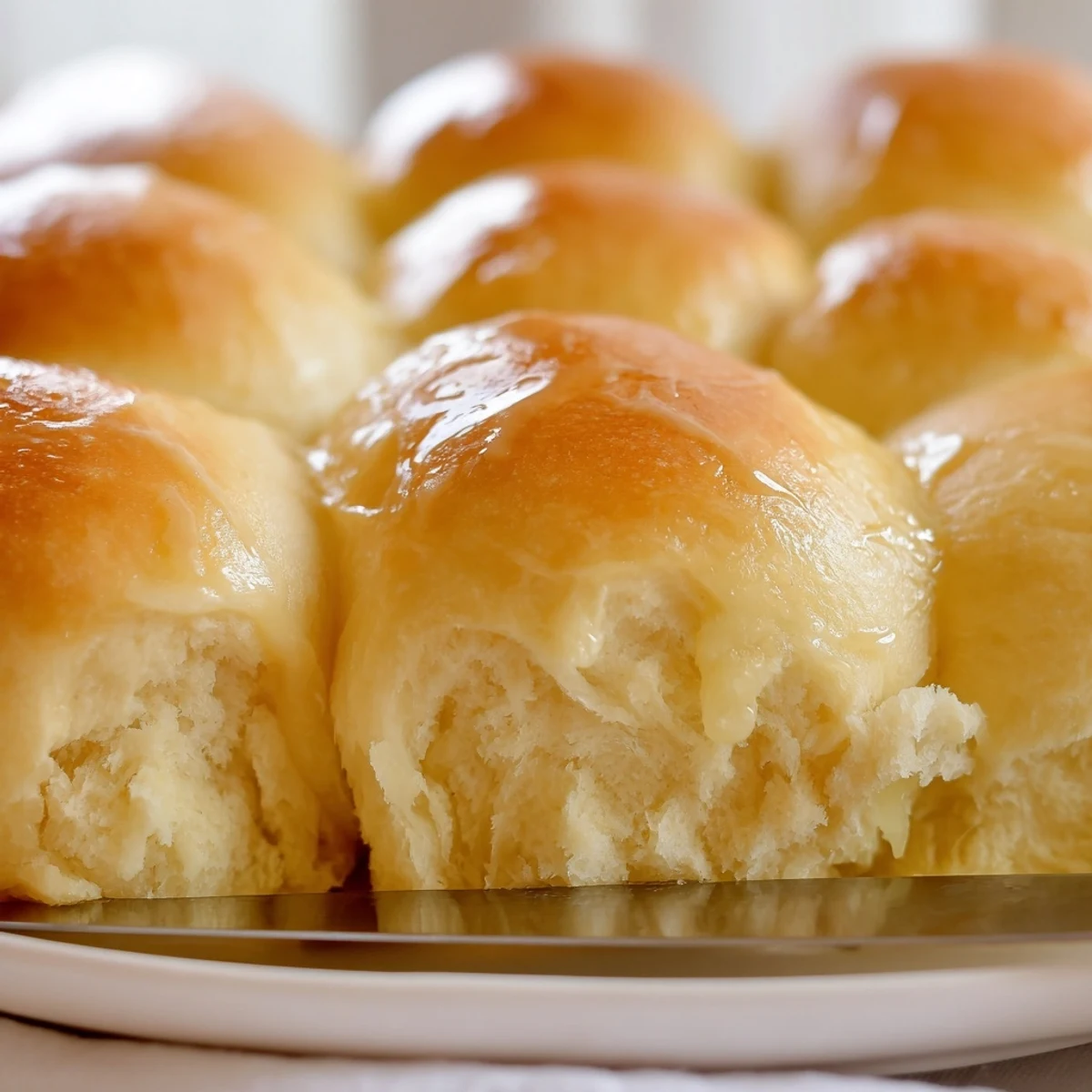 A plate of warm, golden-brown Best Vegan Dinner rolls alongside a bowl of vegan tomato soup, offering a cozy dinner table presentation.