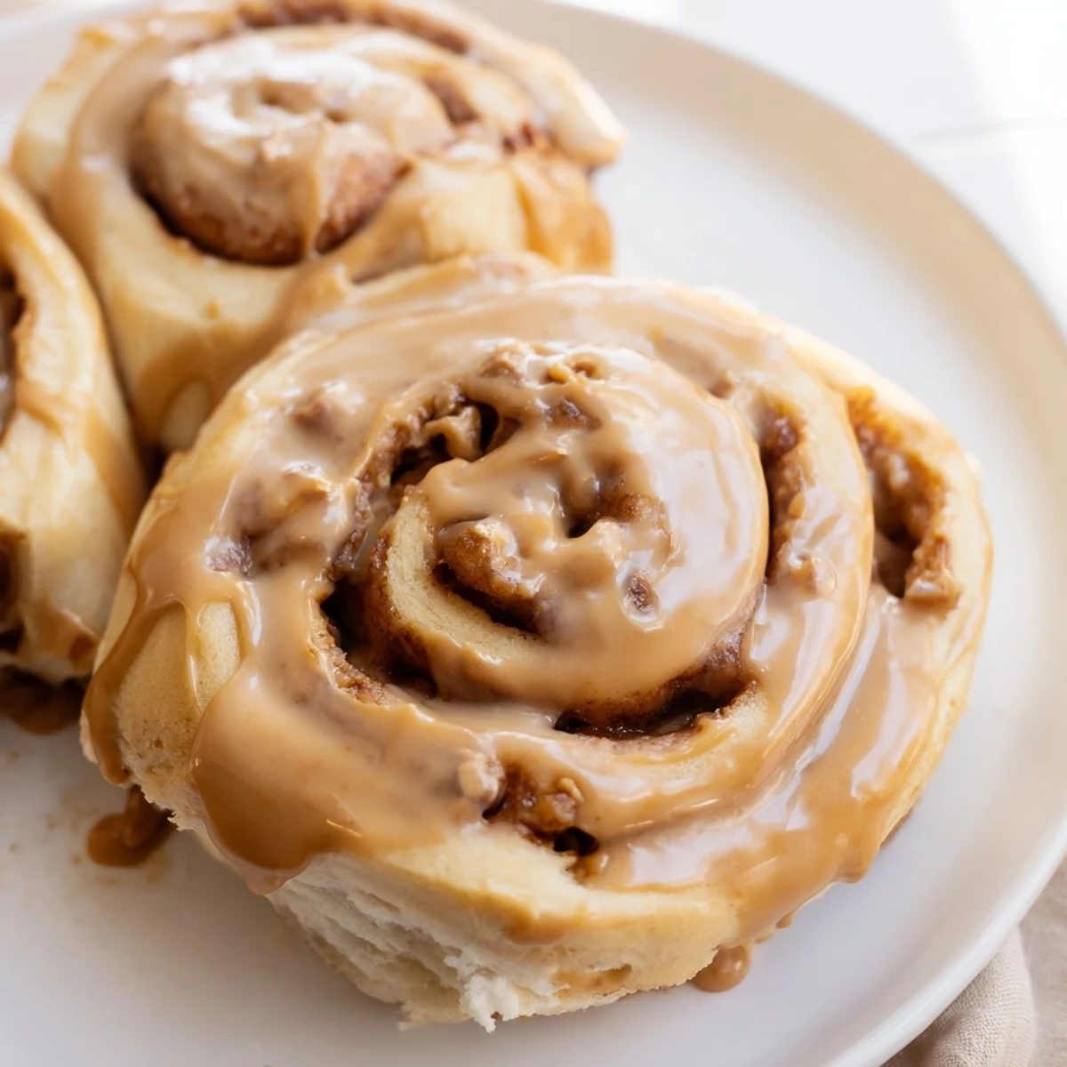Freshly baked Soft and Gooey Biscoff Cinnamon Rolls with a rich caramel glaze on a rustic plate.