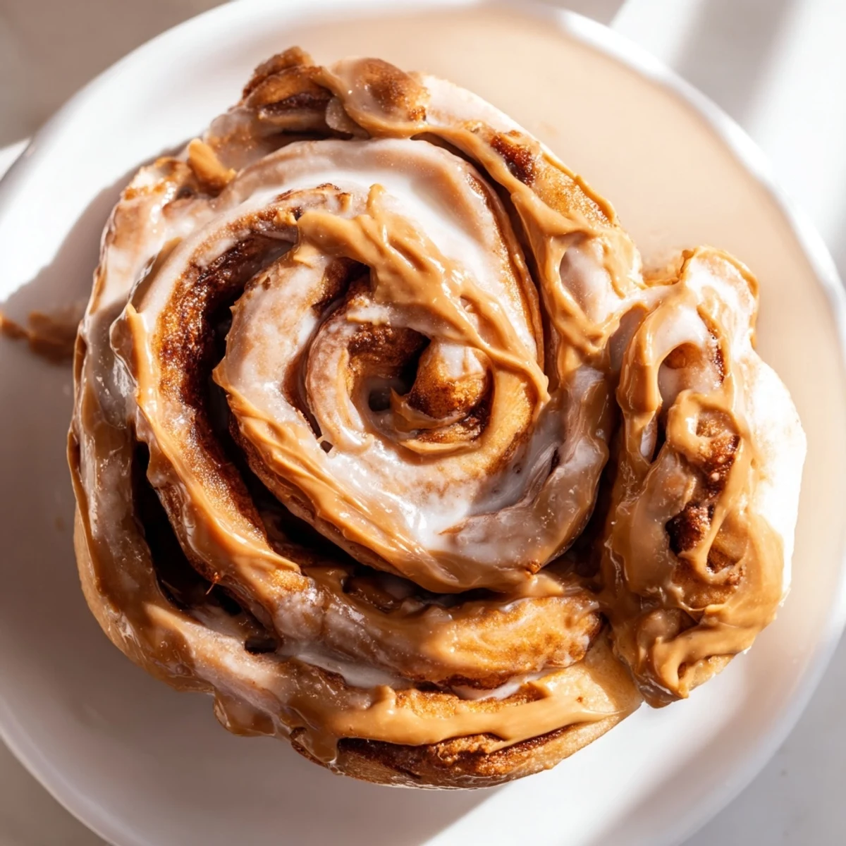 Warm Soft and Gooey Biscoff Cinnamon Rolls on a white plate ready for breakfast or brunch.