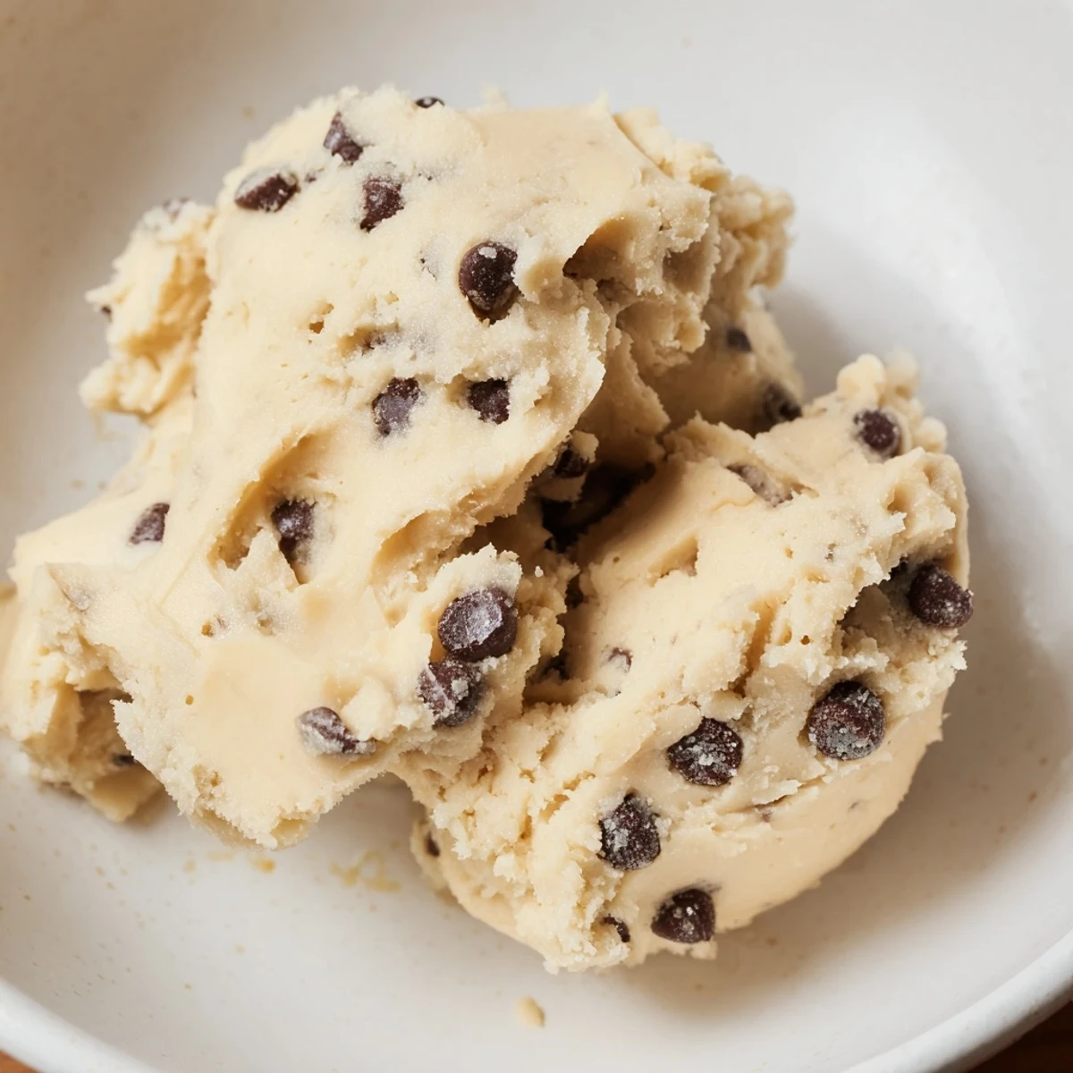 The Edible Keto Cookie Dough is shown scooped into golden bites studded with dark chocolate chips for a low-carb treat.