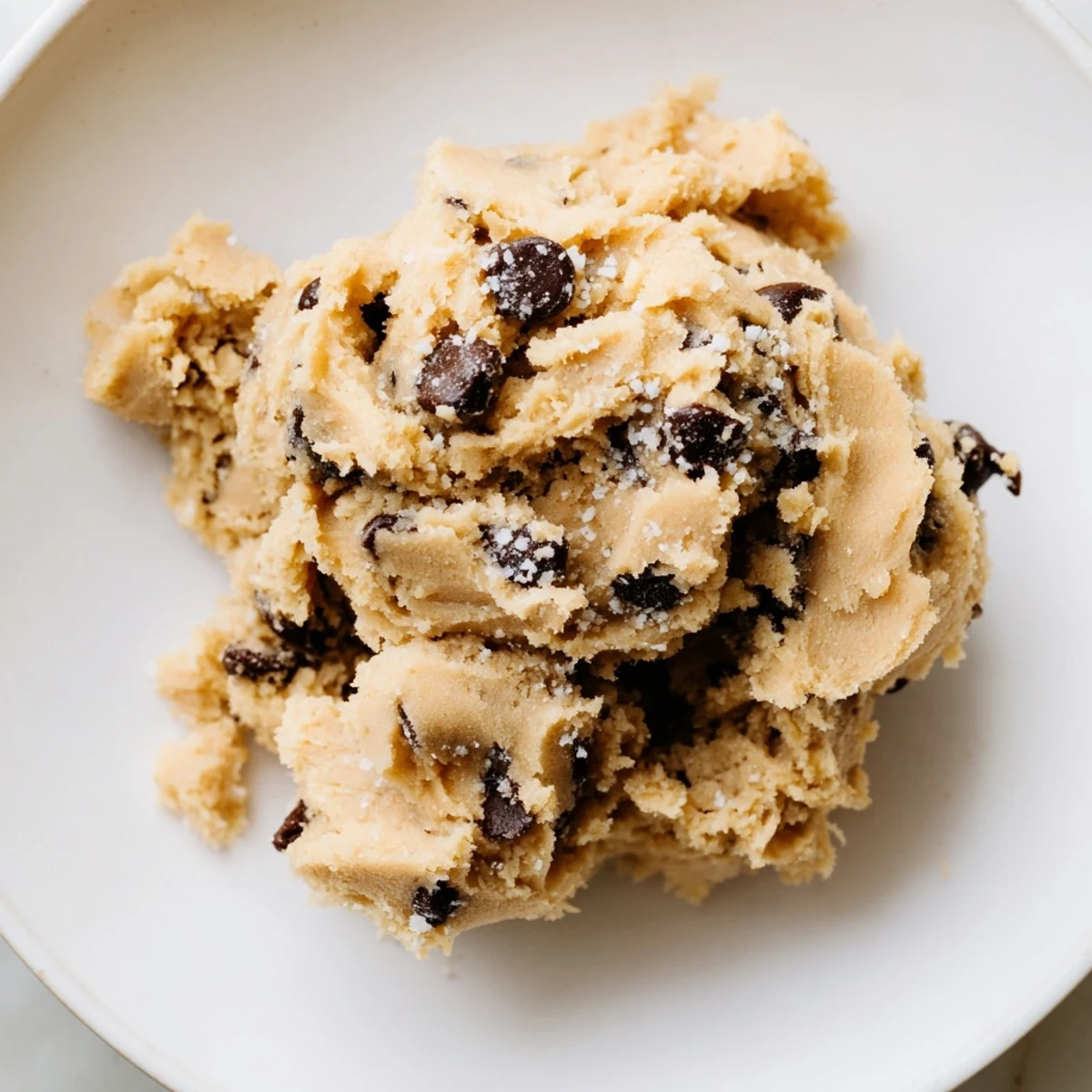 Enjoy this soft, edible keto cookie dough mixed with sugar-free chocolate chips, presented in a decorative glass bowl.