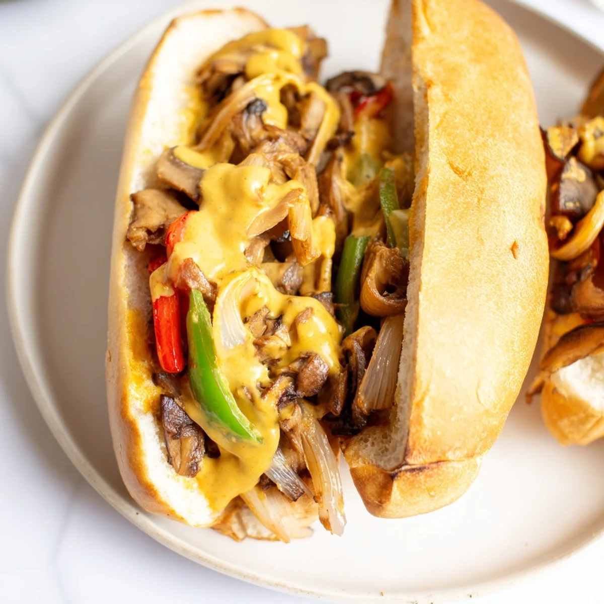 Golden-brown sautéed mushrooms and peppers fill a toasted hoagie roll for this vegan Philly cheesesteaks recipe.  