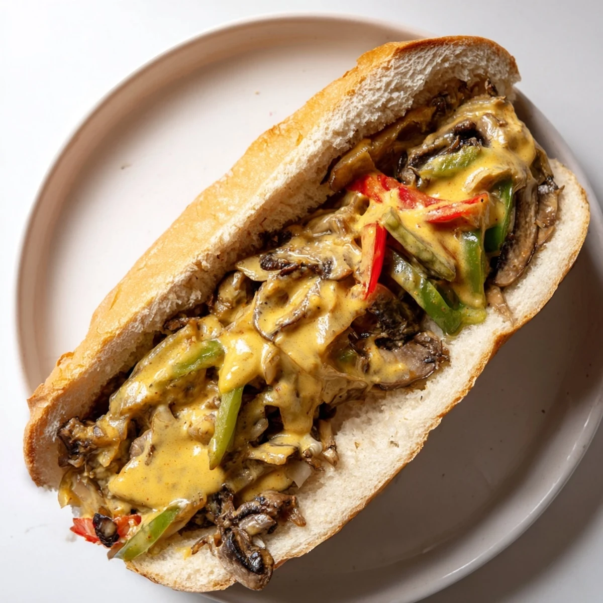 A close-up view of a vegan Philly cheesesteaks sandwich dripping with creamy dairy-free cheese sauce.  