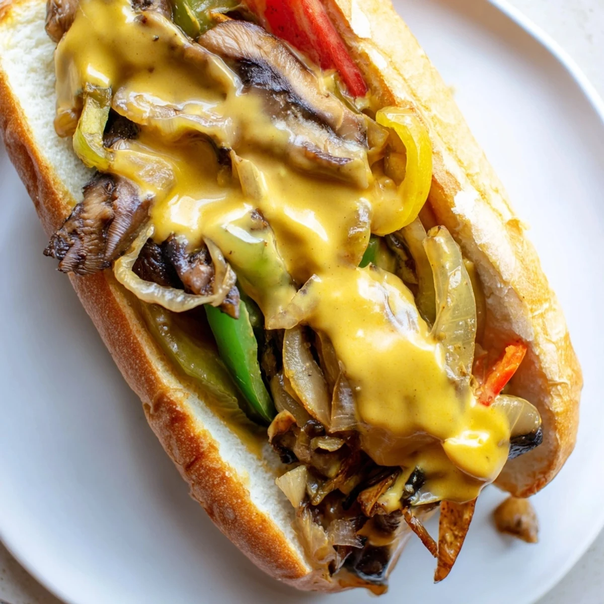 Sizzling plant-based filling for a vegan Philly cheesesteaks recipe served hot with peppers and onions.