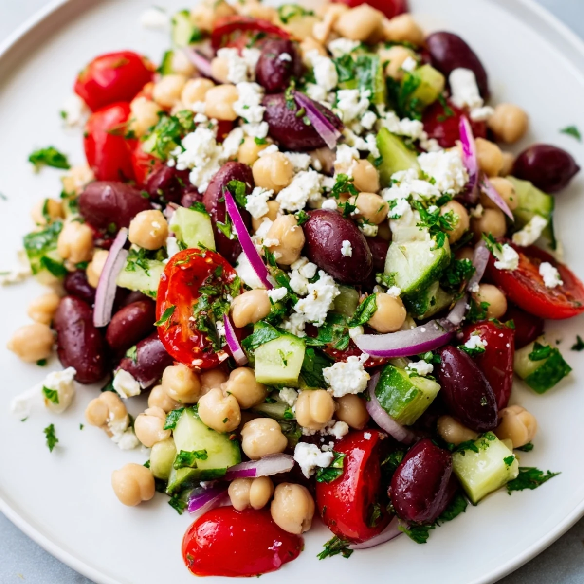 Fresh Mediterranean Dense Bean Salad in a white bowl, showcasing chickpeas, tomatoes, and crumbled feta.