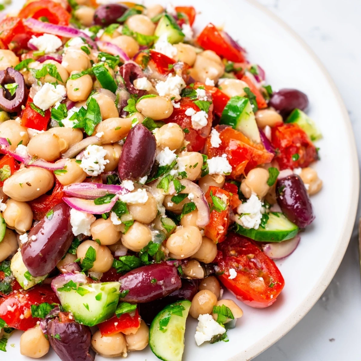 A vibrant Mediterranean Dense Bean Salad served as a side dish, garnished with fresh parsley and mint.
