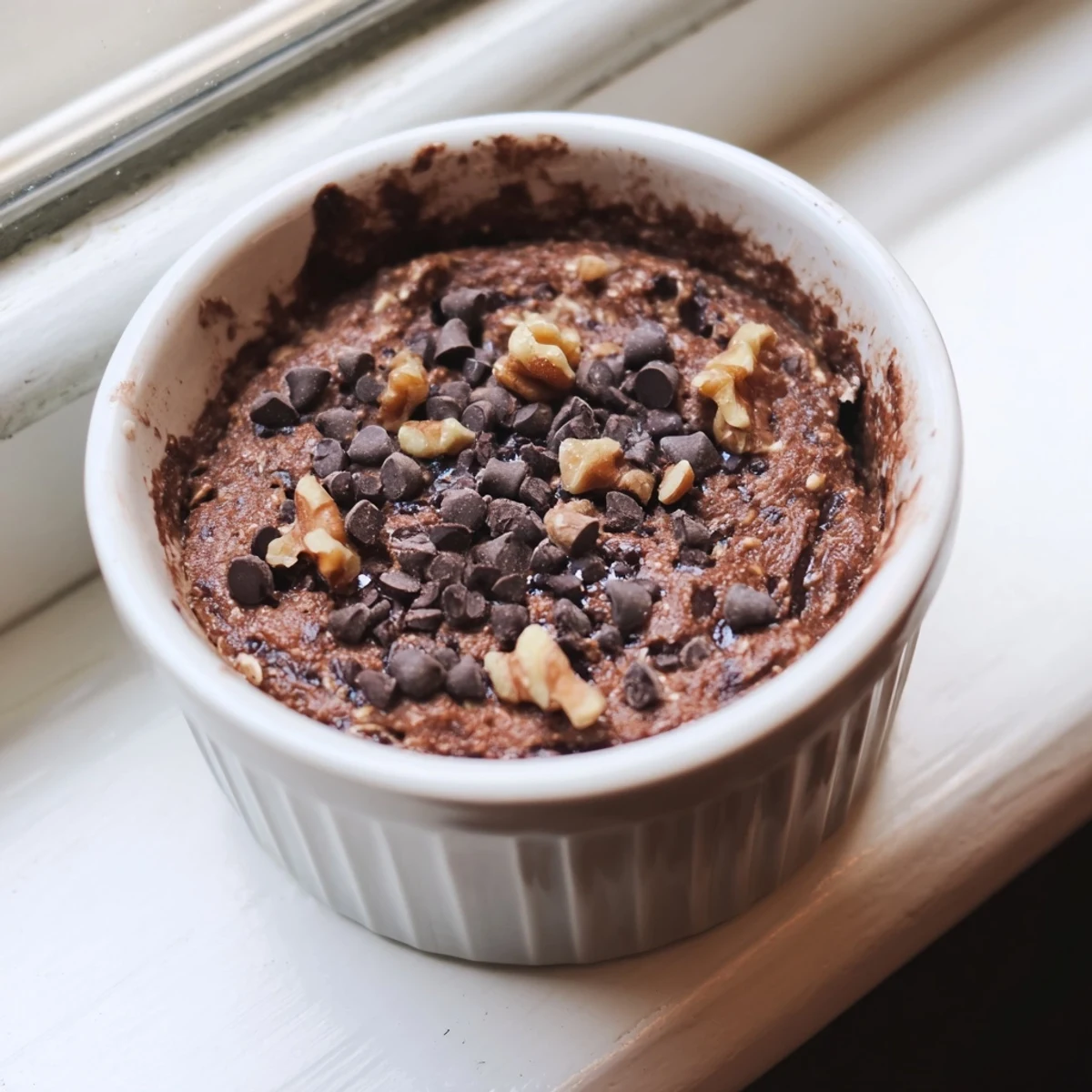 A close-up of Easy Chocolate Baked Oats in a white ramekin, with a gooey melted chocolate chip center.