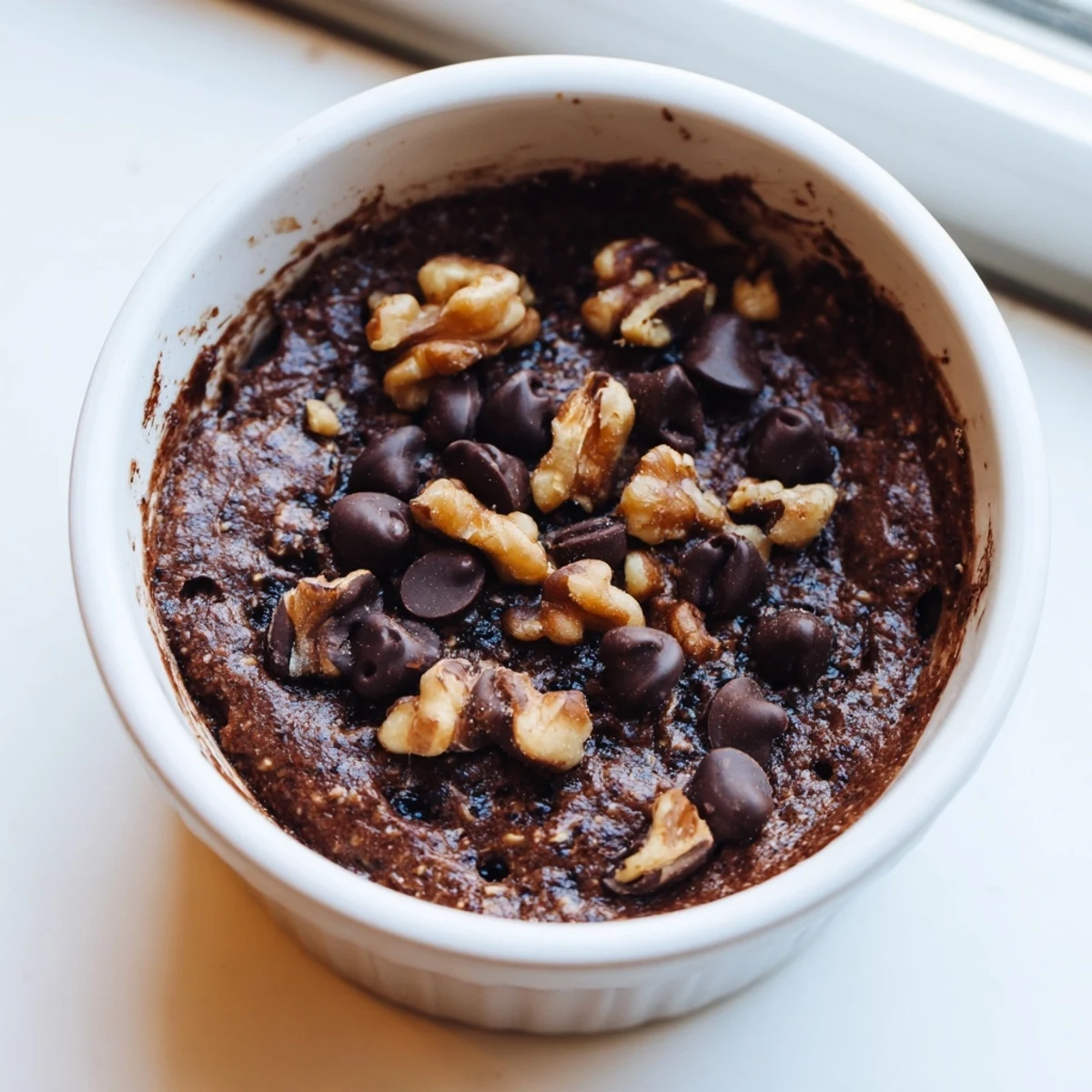 This wholesome breakfast bake has a fudgy texture and sits on a rustic wooden board beside fresh berries.