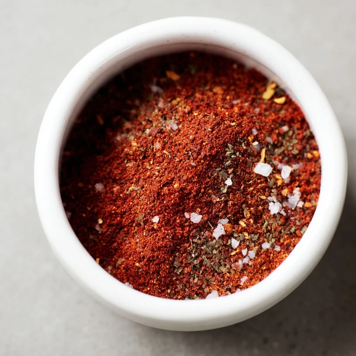 Homemade taco seasoning mix in a small white bowl next to fresh spices, perfect for quick gluten-free taco or burrito recipes.