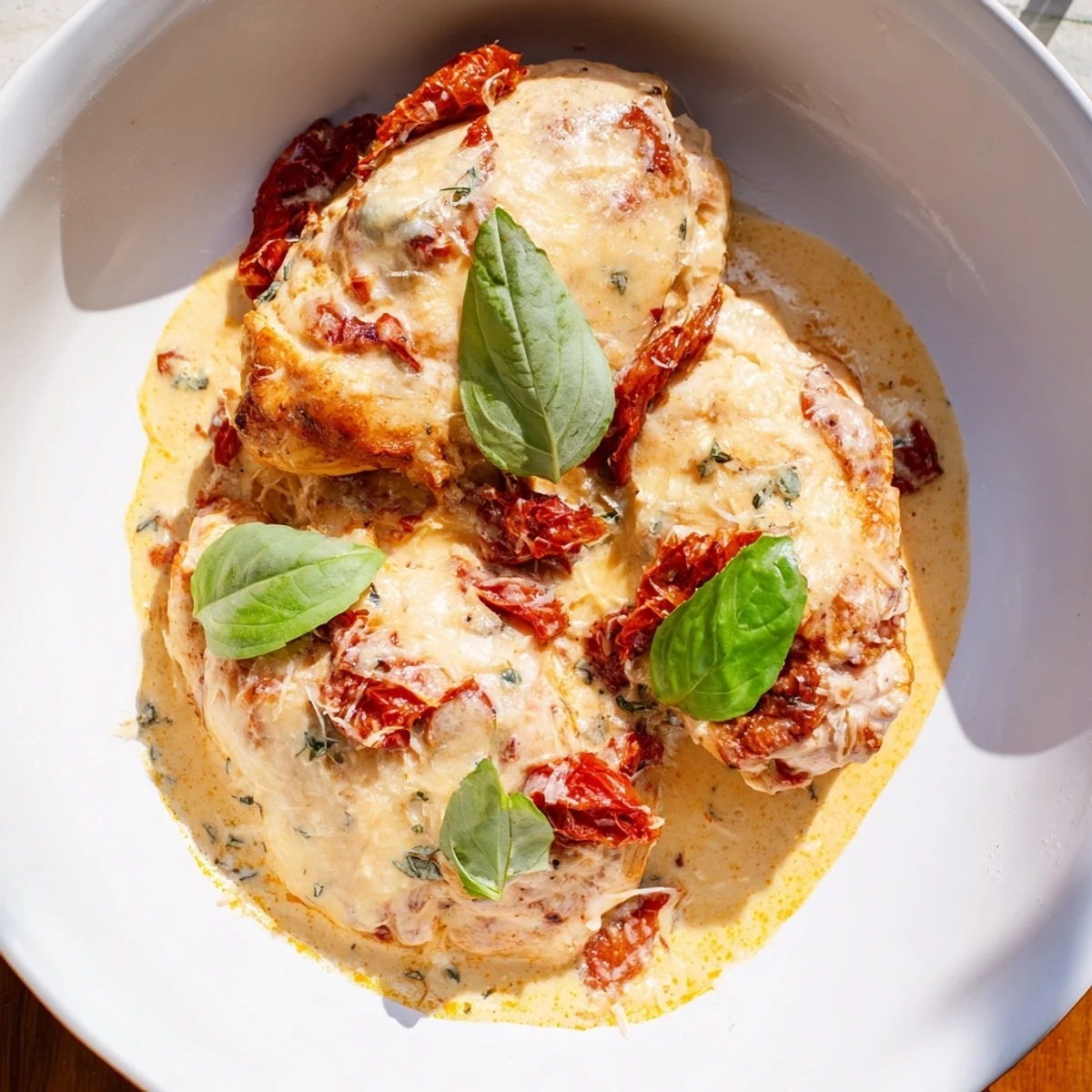 Tender slow cooker chicken breasts in creamy sun-dried tomato sauce with Parmesan and basil garnish, served over steamed vegetables.