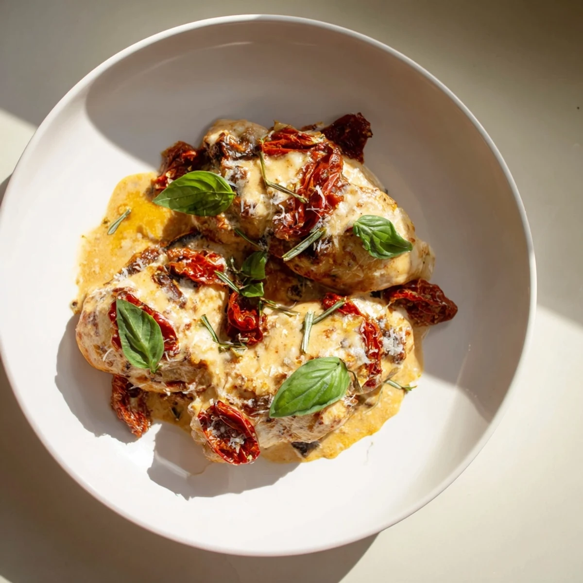 A close-up of Marry Me Slow Cooker Chicken Breast with glossy sauce and herbs, perfect for a cozy weeknight dinner.