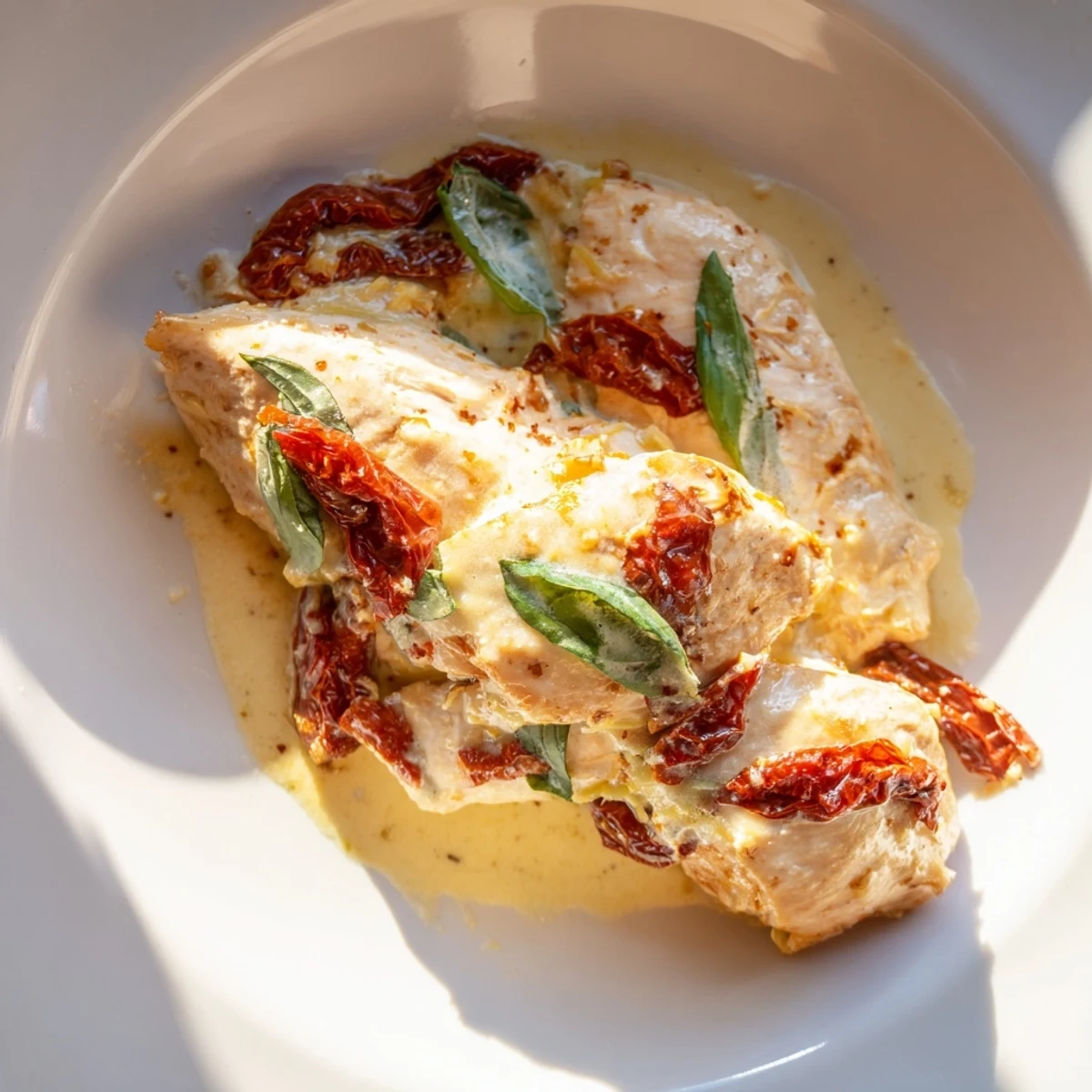 Golden chicken breasts in rich, garlicky tomato cream sauce from the slow cooker, topped with fresh basil and grated Parmesan.