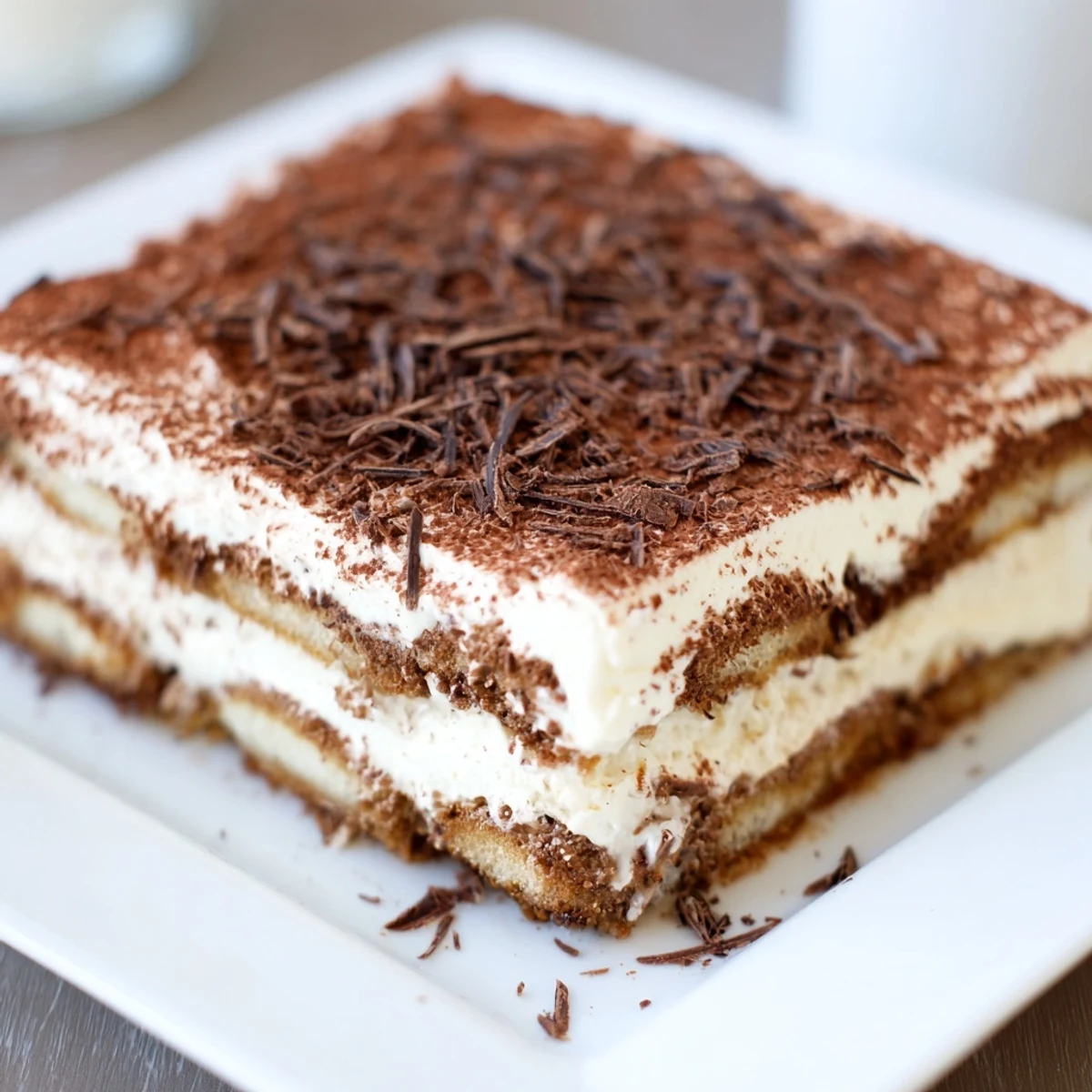 Creamy Easy Tiramisu with cocoa dusting served in a glass dish for an Italian dessert.