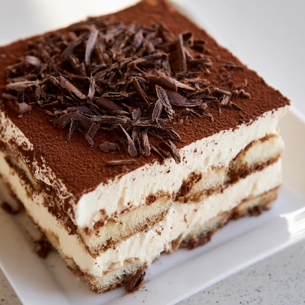 Layers of coffee-soaked ladyfingers and mascarpone cream in Easy Tiramisu, ready to slice.