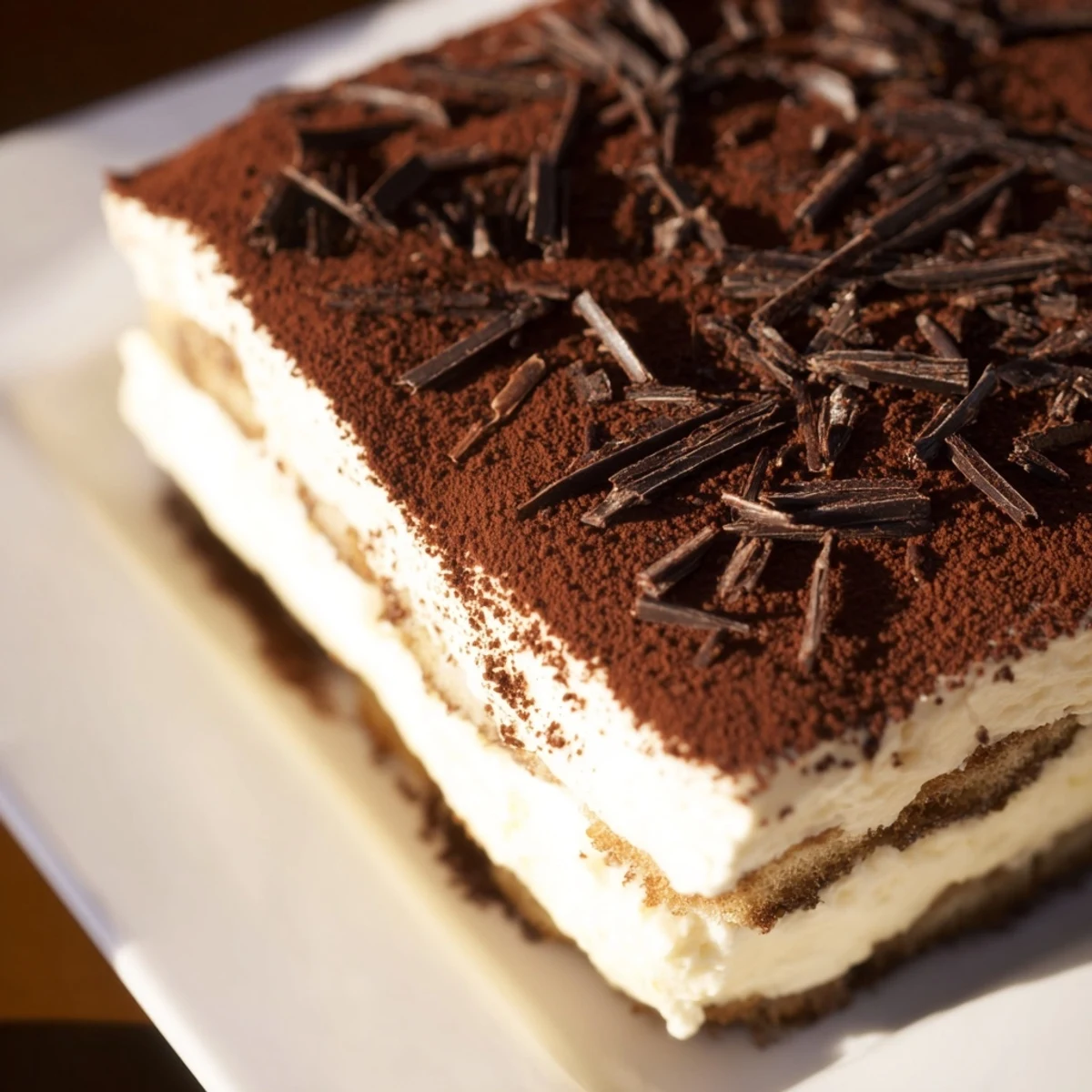 No-bake Easy Tiramisu topped with chocolate shavings on a marble counter, ideal for gatherings.