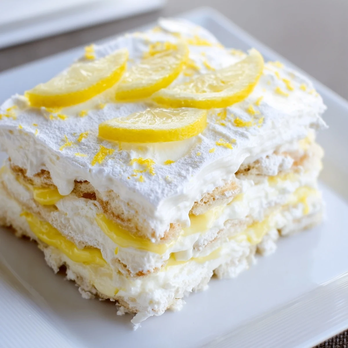 Freshly made Easy Lemon Tiramisu No Bake Dessert layered with creamy mascarpone and lemon zest.