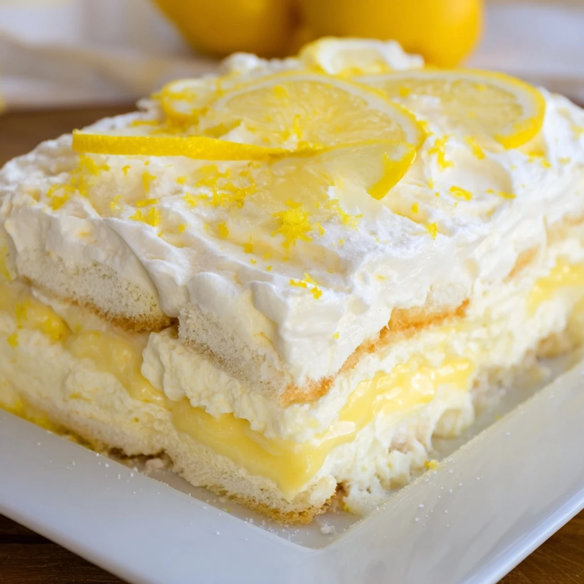 A chilled slice of Easy Lemon Tiramisu No Bake Dessert on a plate garnished with zest.