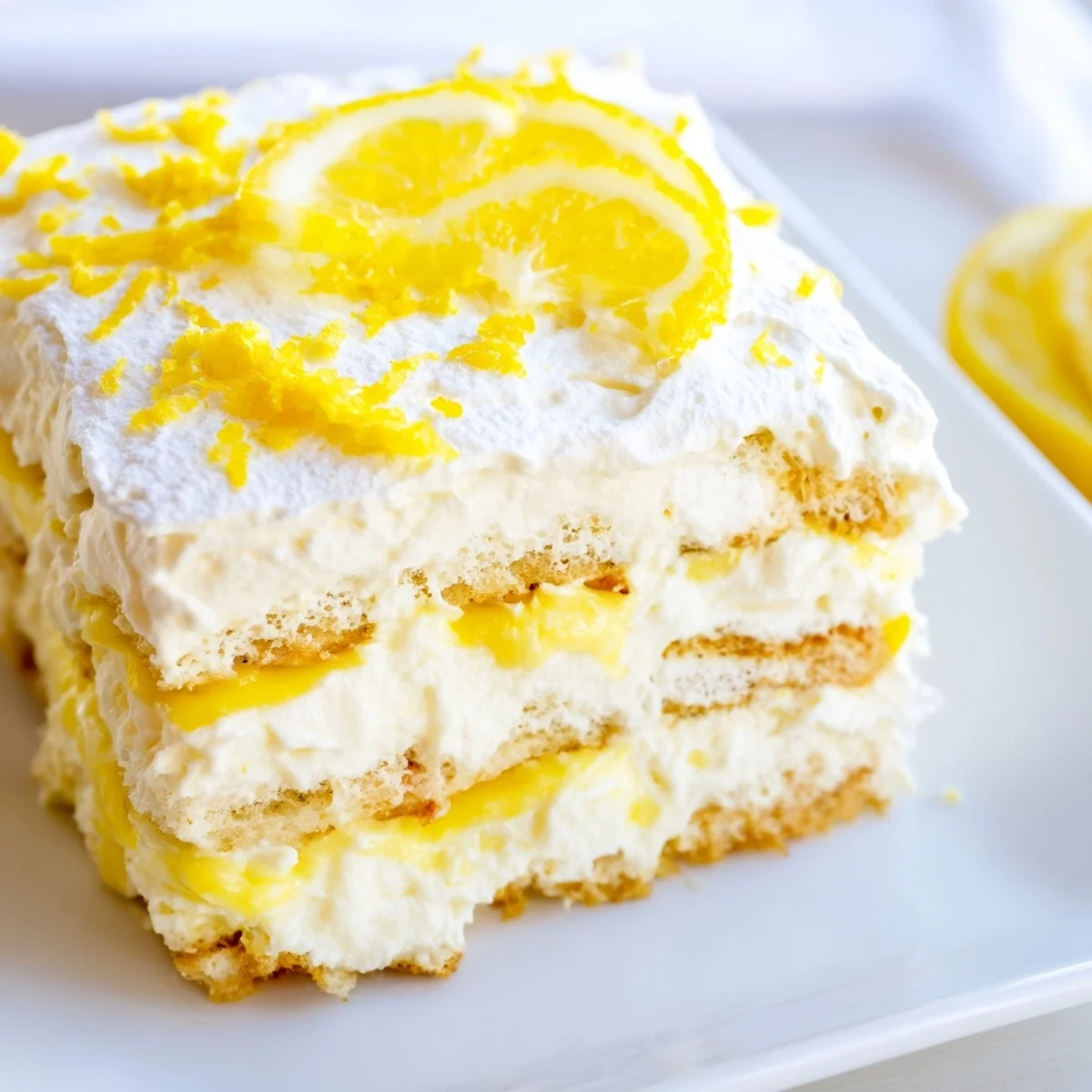 Easy Lemon Tiramisu No Bake Dessert showing soaked ladyfingers and creamy layers in a glass dish.