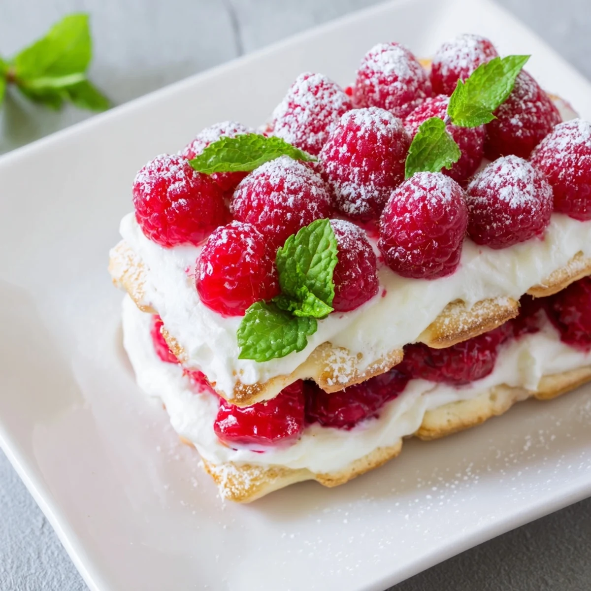 Fresh Raspberry Tiramisu layered with coffee-soaked ladyfingers, creamy mascarpone, and bright red berries, ready to serve.