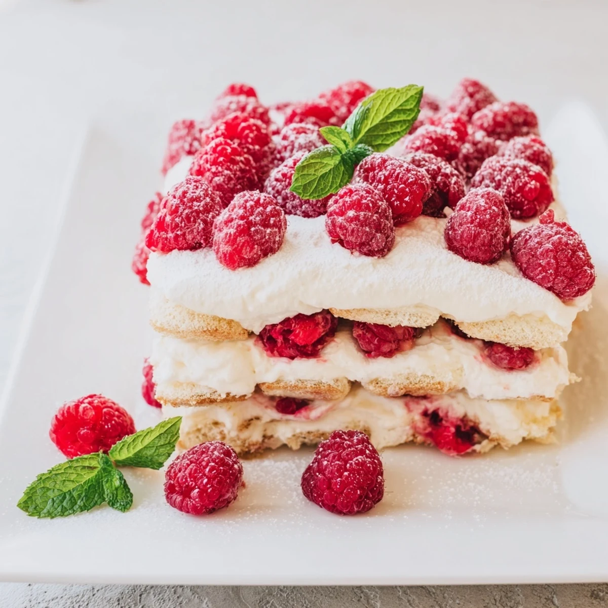 A close view of homemade Fresh Raspberry Tiramisu dusted with powdered sugar and topped with fresh mint leaves.