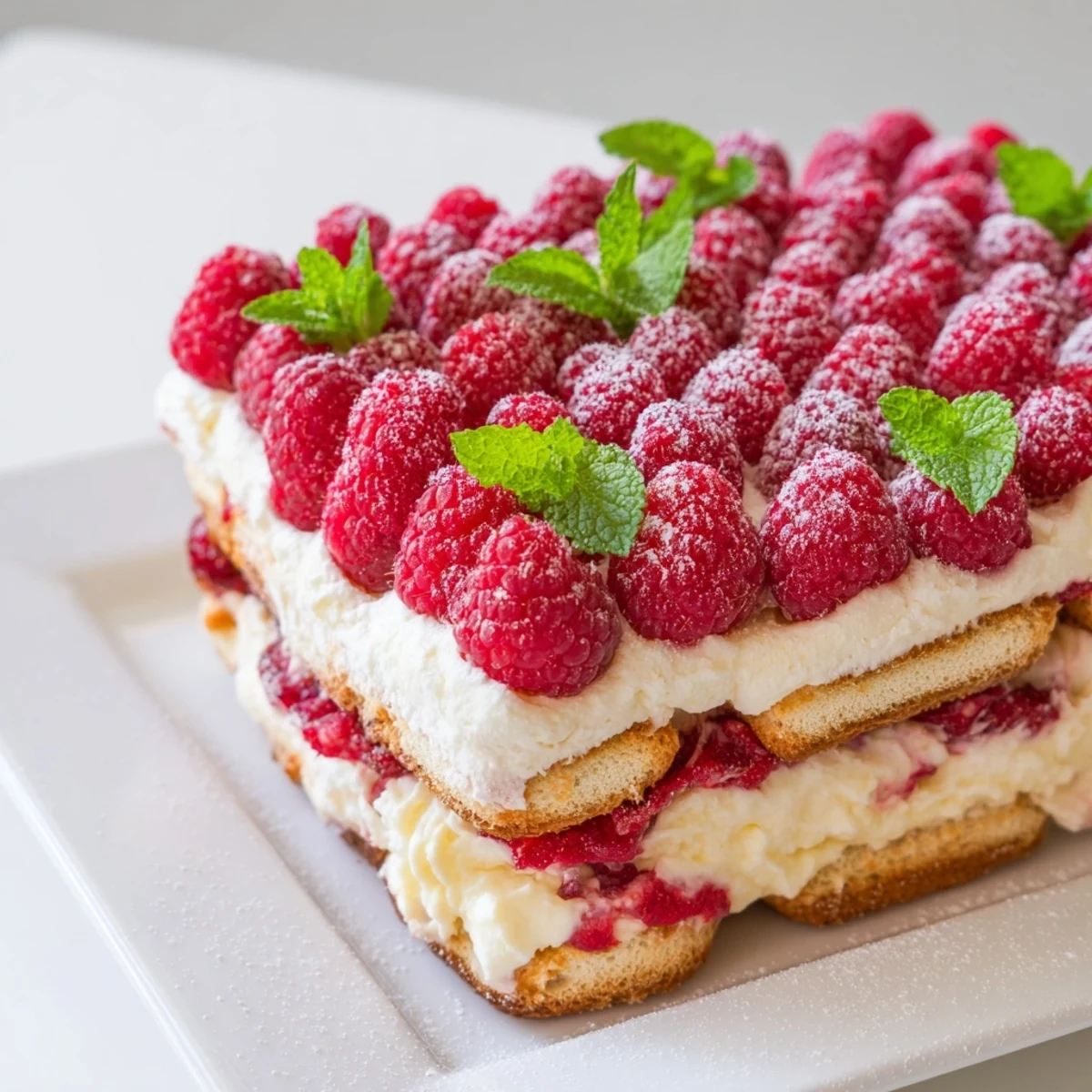 This Italian-inspired Fresh Raspberry Tiramisu shows vibrant berries nestled between soft layers of sweet cream and espresso-dipped cookies.