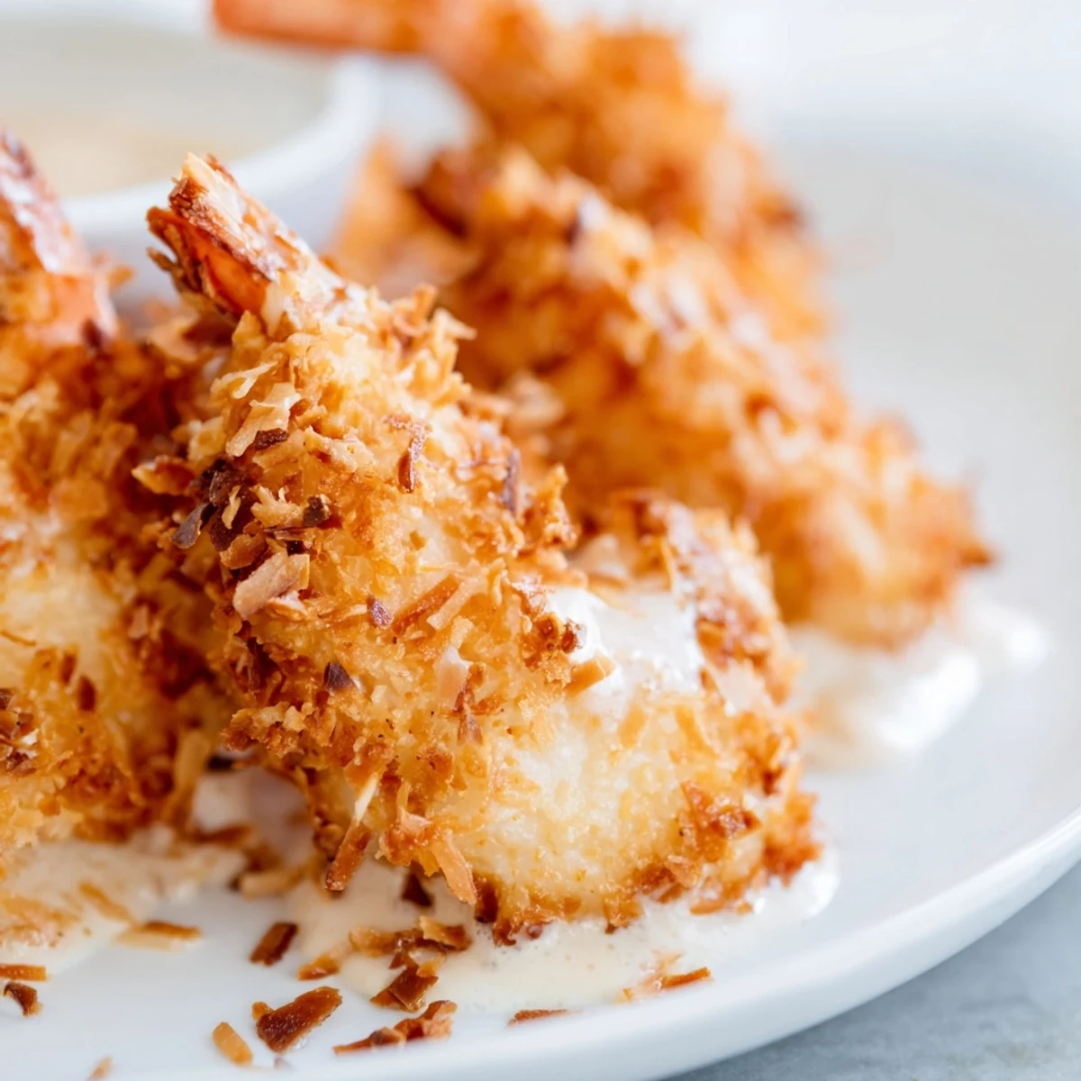 A close-up of Chinese Coconut Shrimp on a white plate, showcasing saucy shrimp with toasted coconut and a side of jasmine rice.