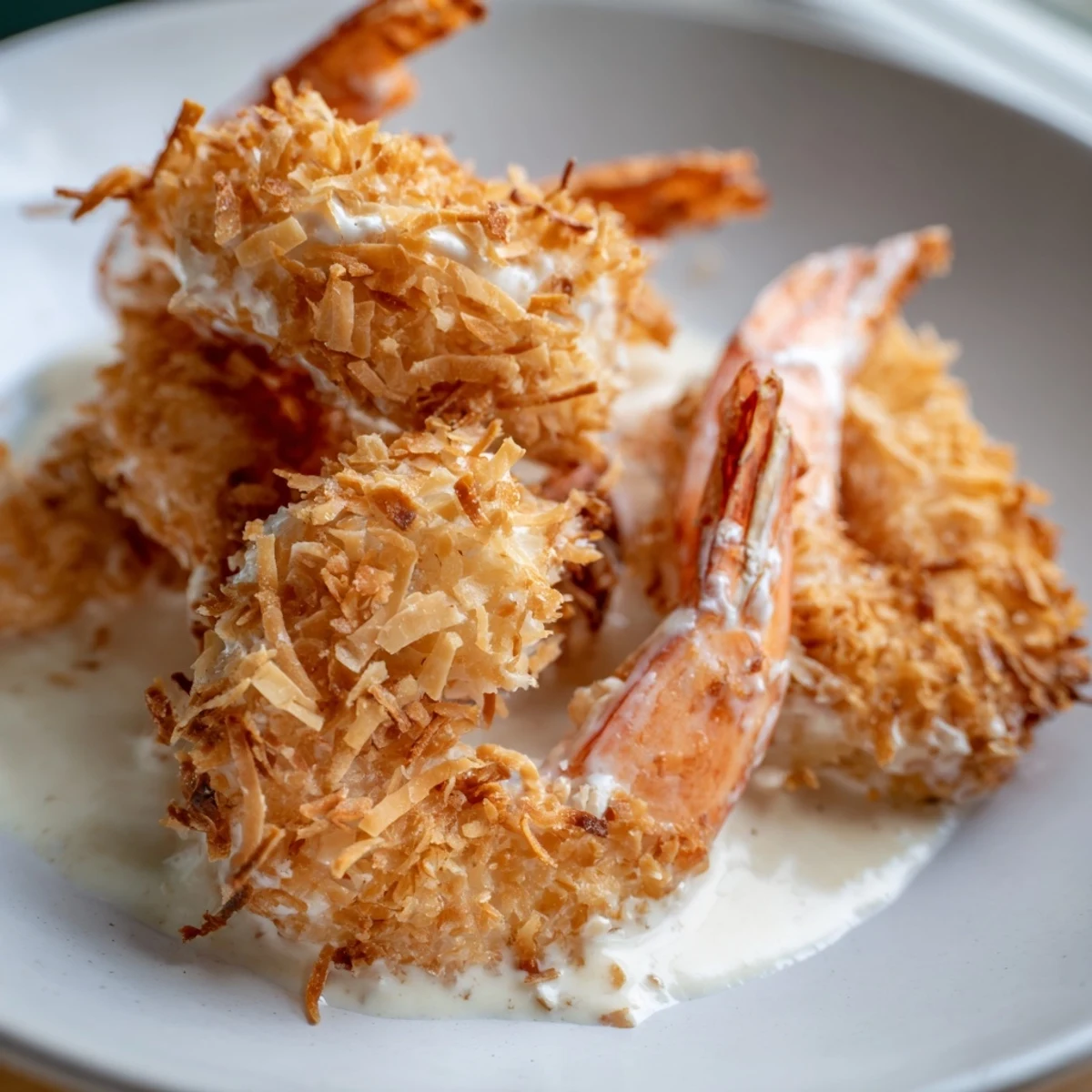 Golden-battered Chinese Coconut Shrimp fried to a crispy crunch, served in a creamy coconut sauce with toasted flakes and green onion garnish.